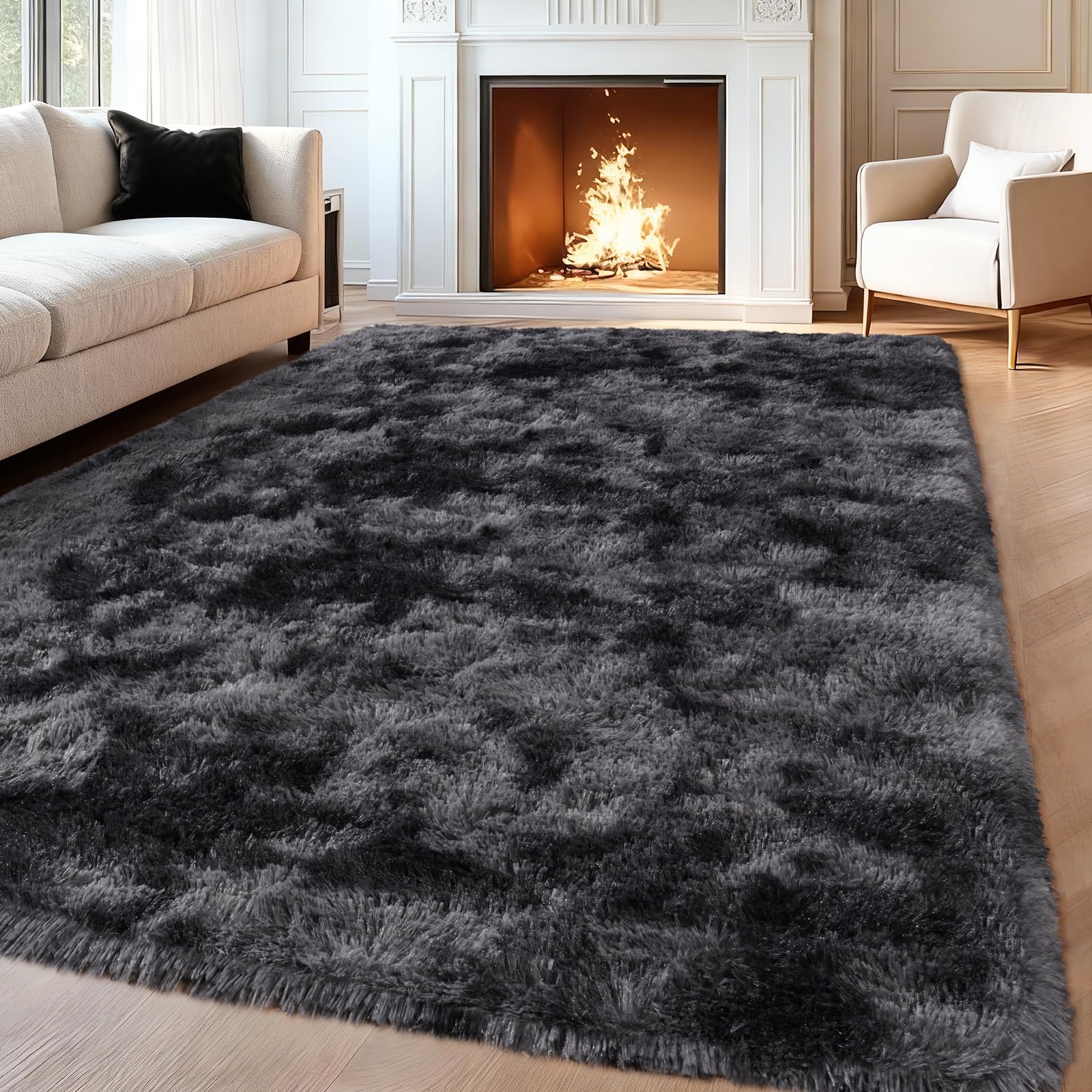 iEvery Rugs for Living Room 140x200 cm - Fluffy Shaggy Area Rug for Bedroom, Soft Non Slip High Pile Modern Floor Carpet for Kids Room, Black and Grey