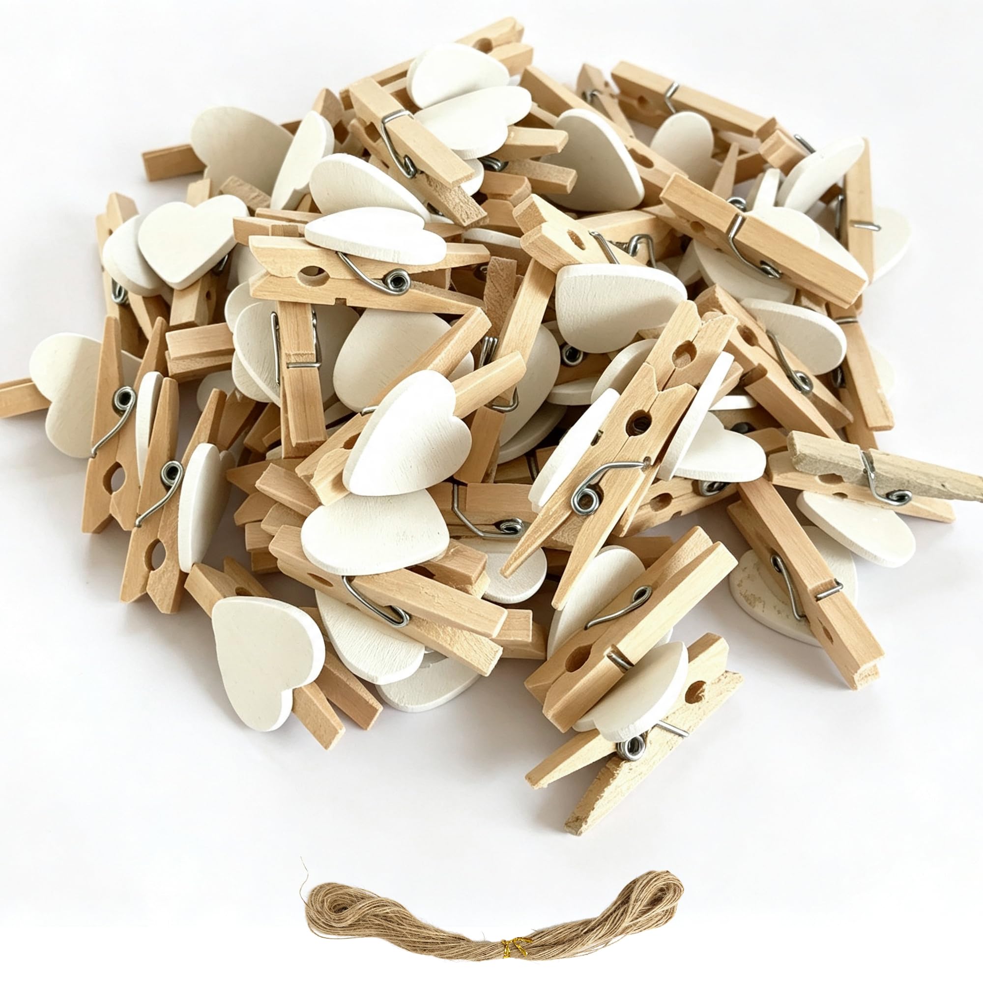 KUOTNGE 100 Mini Wooden Pegs with 10m Twine, Heart Photo Clips for Crafts