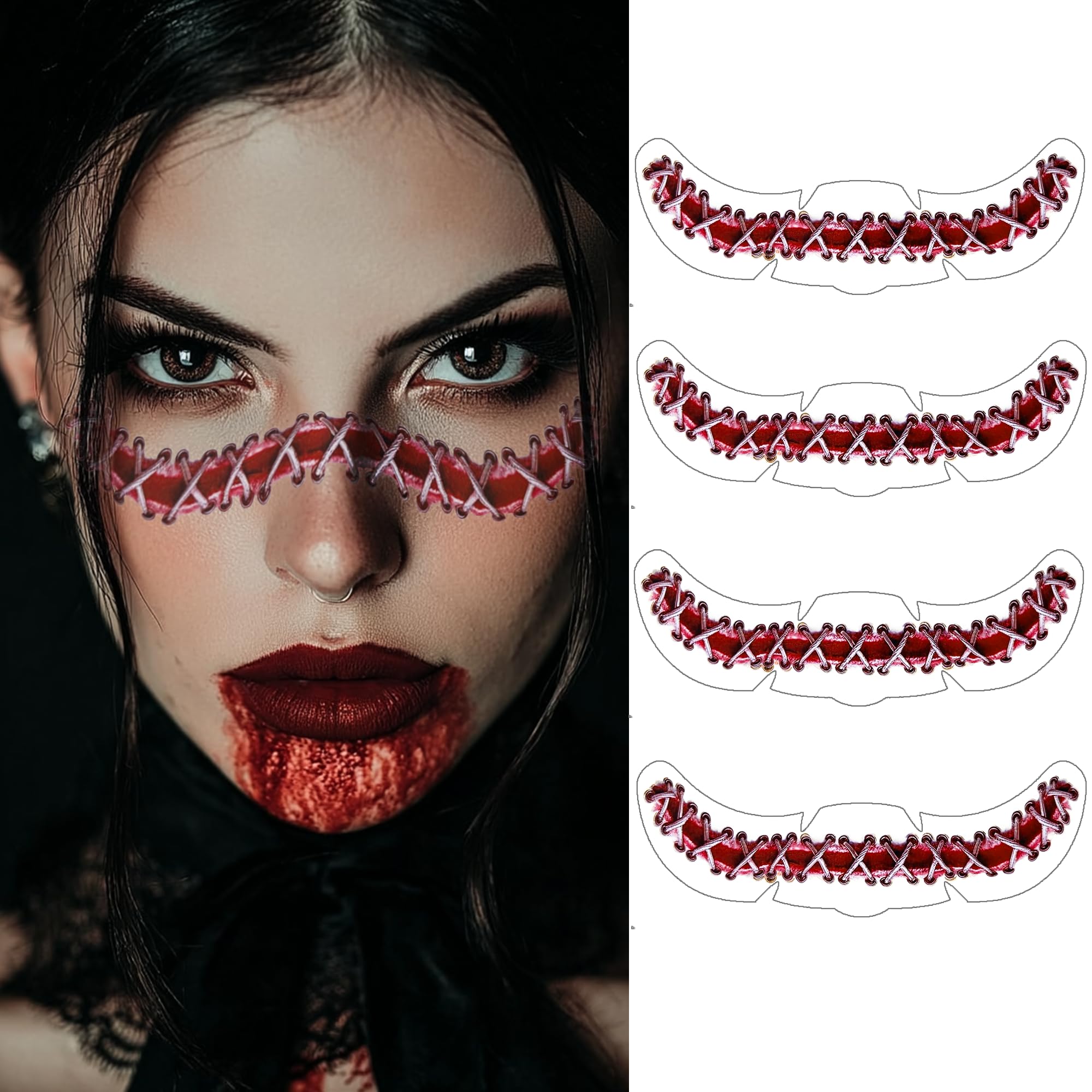 Waveaura Halloween Temporary Tattoos Stitched Wound Stickers New Face Scar Tattoos 4pcs for Adults Dia de Los Muertos Day of the Dead Face Tattoos Halloween Party Prank Cosplay Horror Makeup