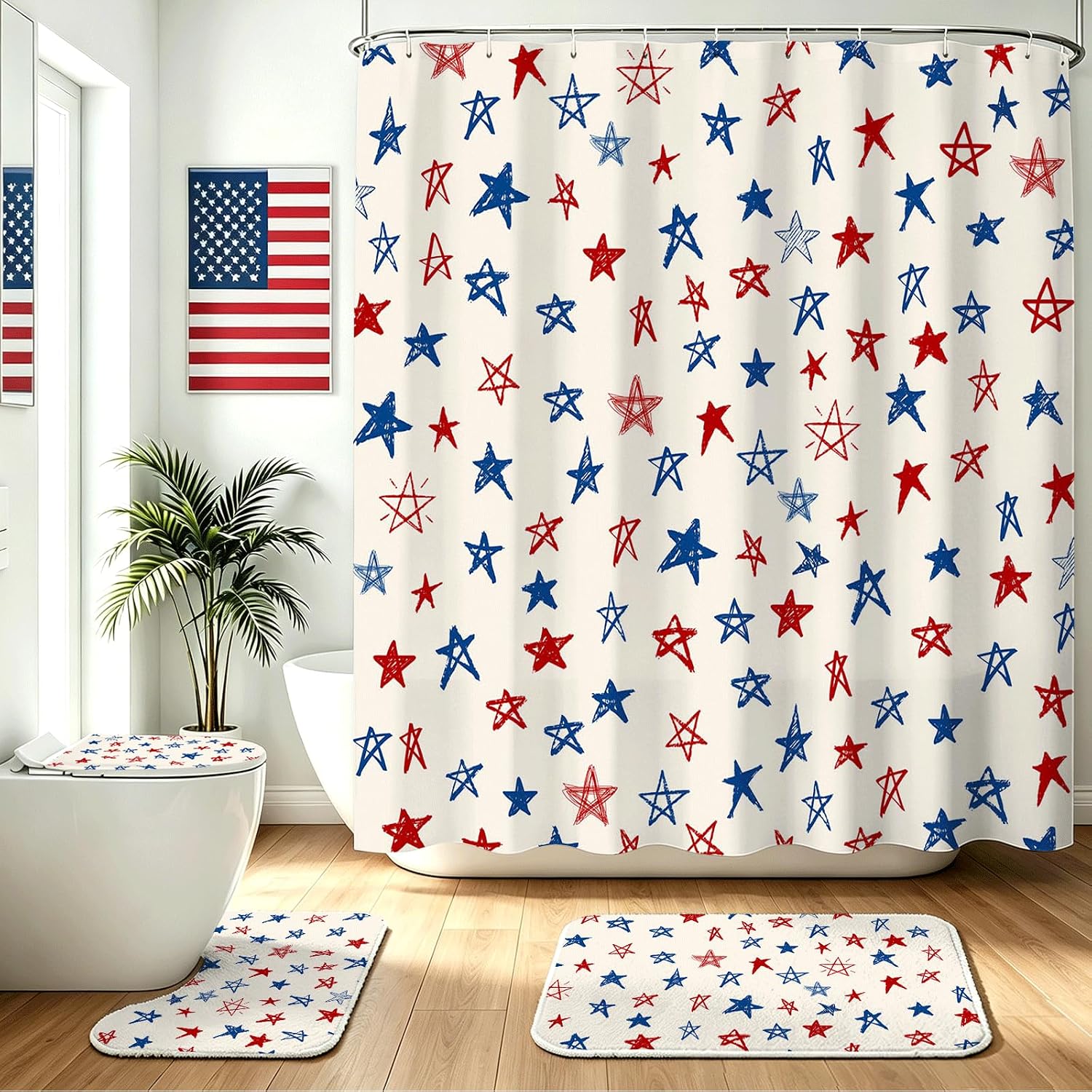 Mocsicka 4th of July Shower Curtain Set American Memorial Day Red Blue Stars Shower Curtain Set Independence Day 4th of July Bathroom Decor with Non-Slip Bath Rugs, Toilet Lid Cover image 2