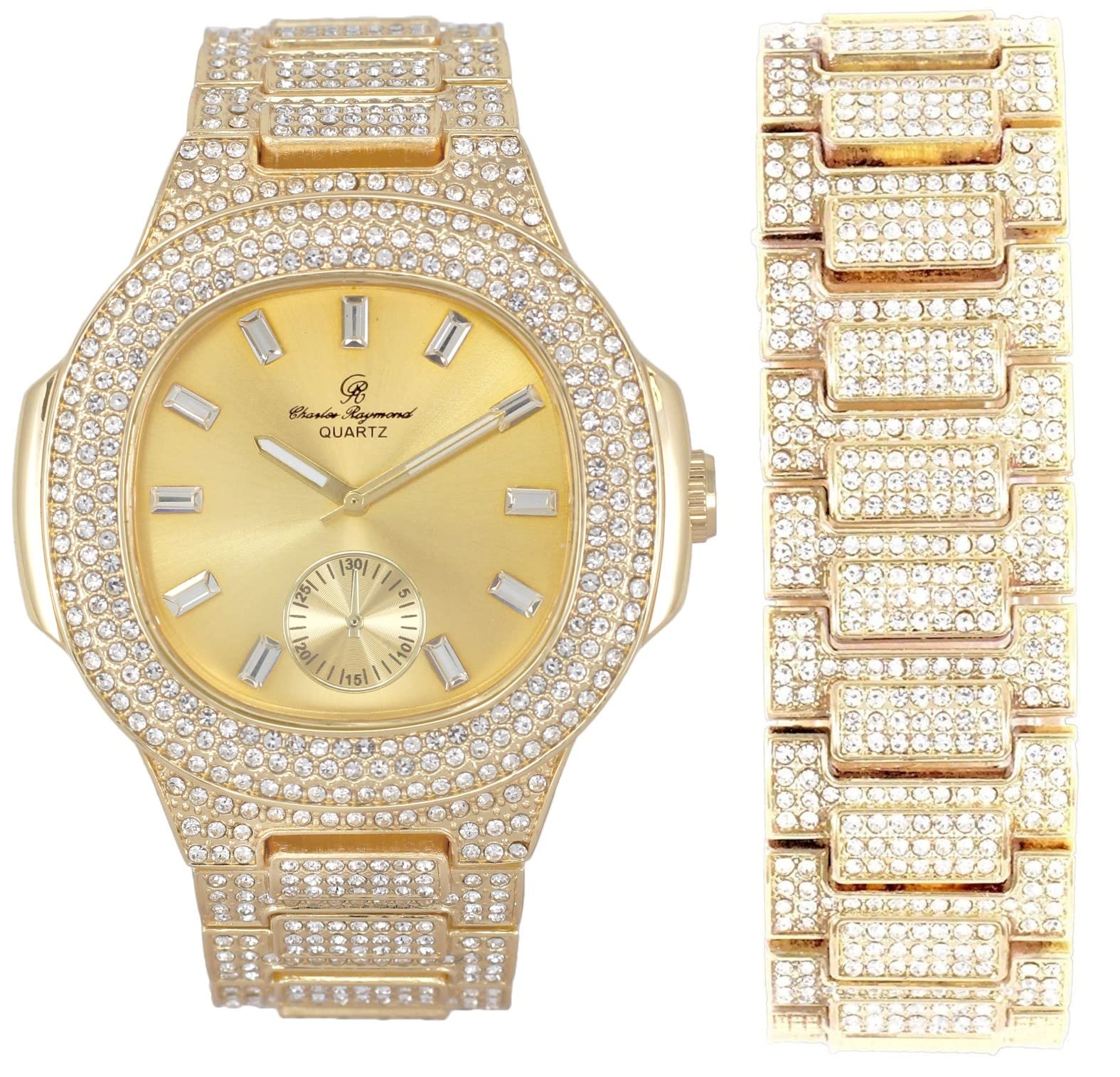 Bling-ed Out Oblong Case Metal Mens Watch w/Matching Bling-ed Out Bracelet Gift Set - 8475B - Gold/Gold (B06ZYSLRKW) Amazon Price History, Amazon Price Tracker