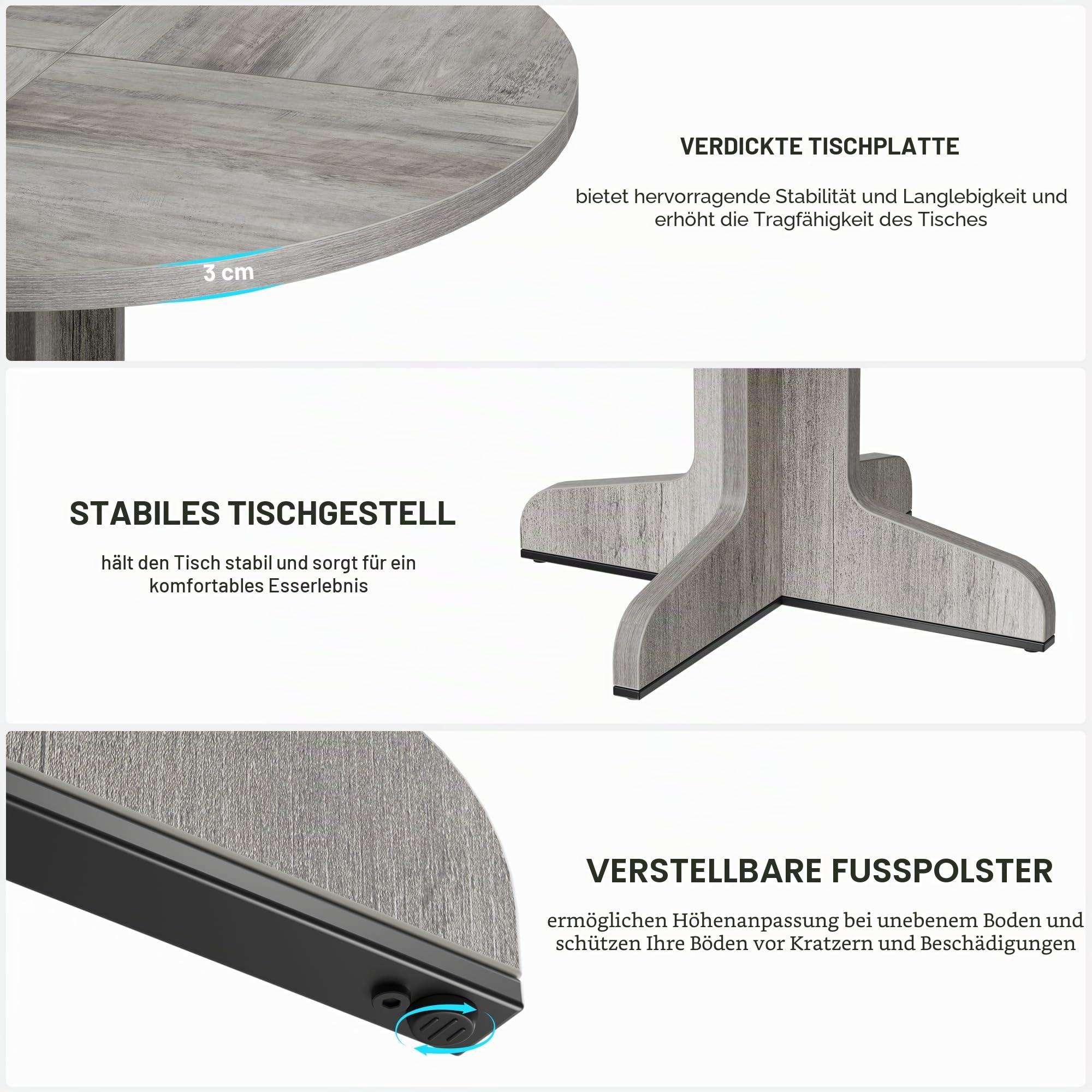 Runder Esstisch 120 cm für 4 Personen - Rustikaler Küchentisch mit Kreuzfuß aus Metall & Massivholz-Optik - Stabiles Esszimmer-Set für Wohnküche, Küche oder Essbereich, Grau
