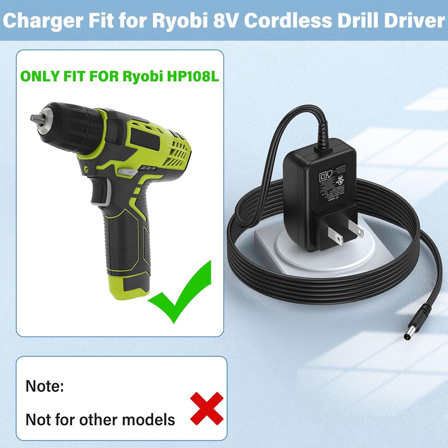 8V Drill Driver Charger Replacement Fit for Ryobi HP108L Power Cord AC Adapter for Ryobi Lithium Cordless Drill HP 108L SA721 ZRHP108L, Power Supply Charging Cord Plug Cable for Ryobi 8 Volt Drill