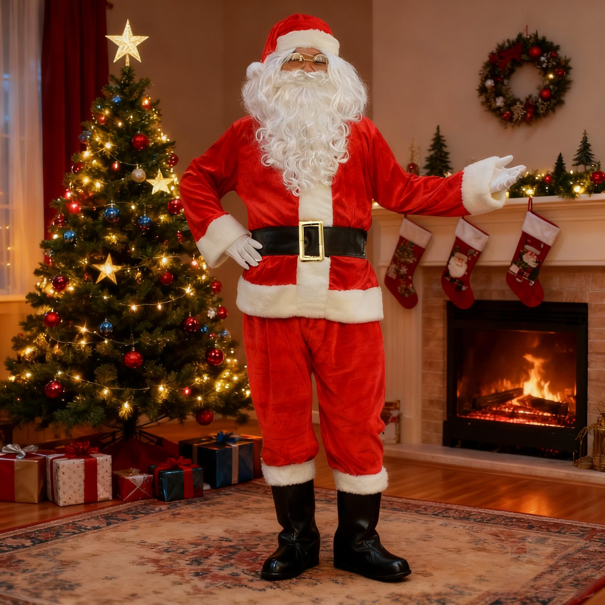 Costume de Père Noël pour Hommes Complet de Déguisement de Père Noël Cospaly Adulte Hommes（L）
