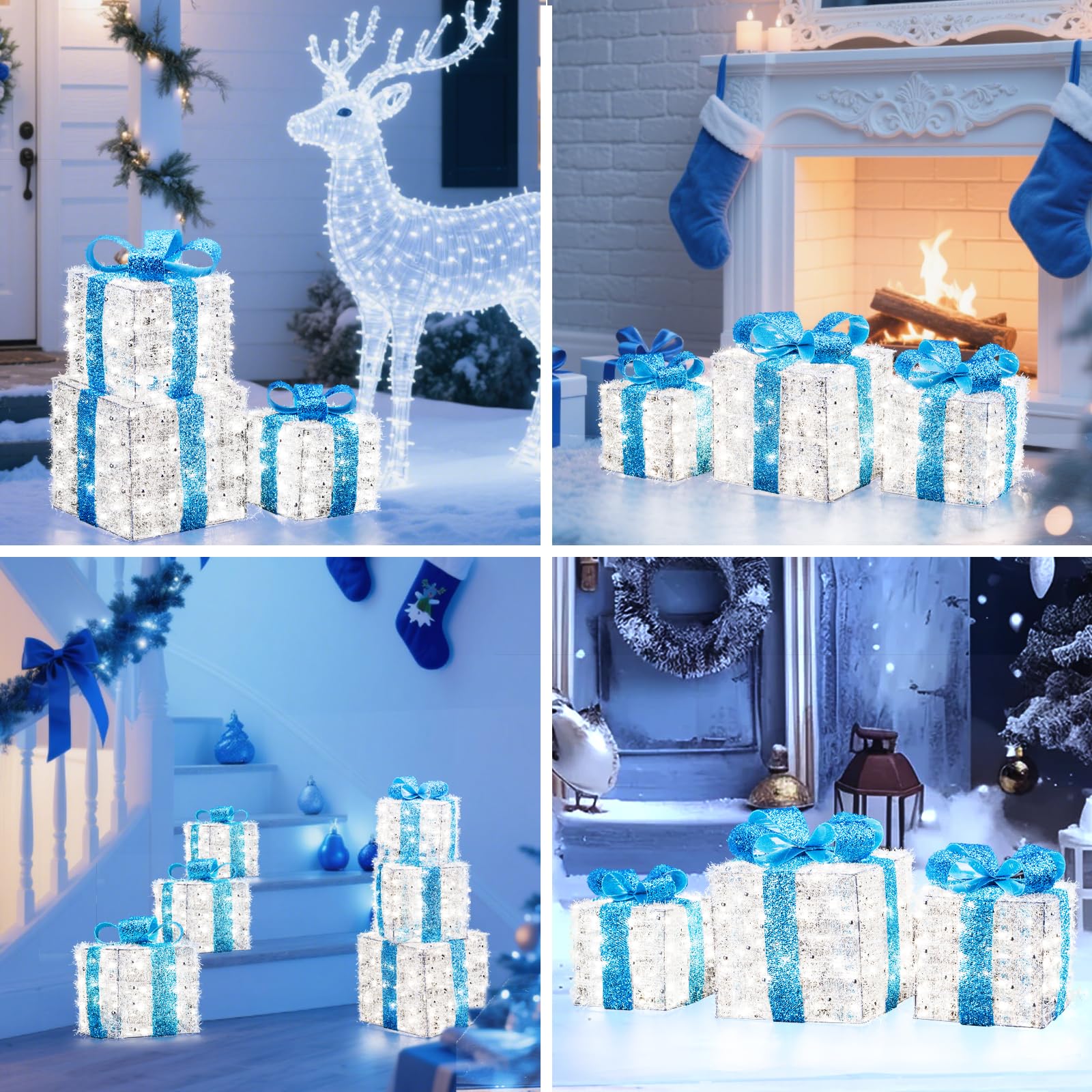 Christmas Decorations, 140 LEDs Set of 3 Lighted Gift Boxes with Silver Tinsel and Bows, Warm White Present Boxes for Indoor Outdoor Holiday Party Yard Bedroom Home Xmas Decor: Blue