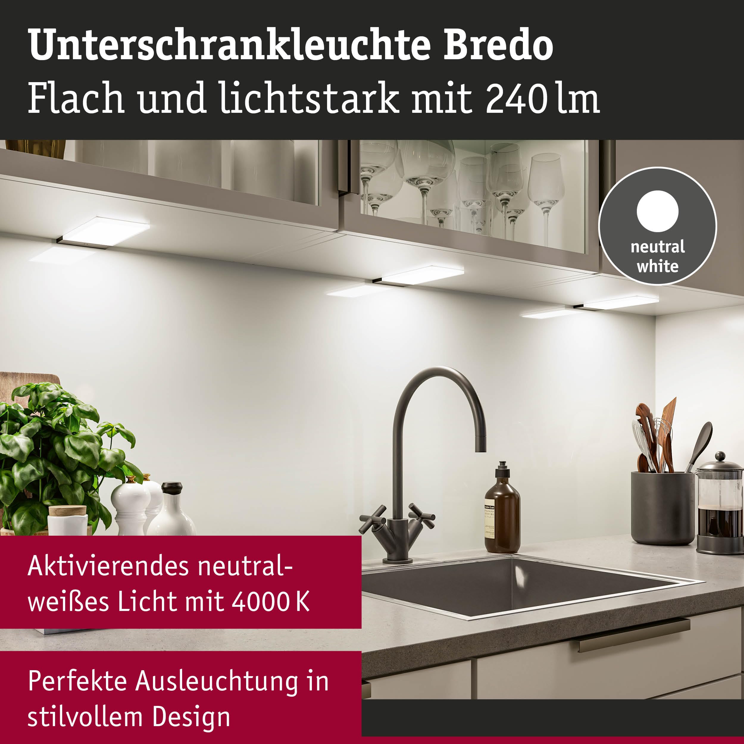 Paulmann 92124 LED Unterschrankleuchte Bredo inkl. Näherungsensor 3er-Set 4000K 2,5W 80x190mm 180lm Schwarz Möbelaufbauleuchte