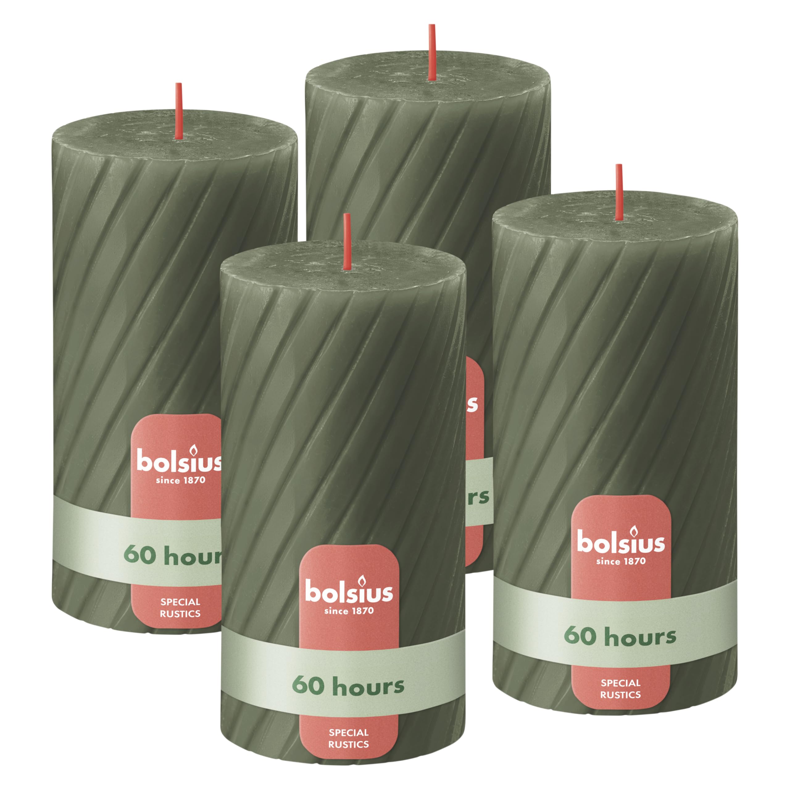 Bolsius Rustic Pillar Candles โ Ribbed โ Olive Green โ Set of 4 โ 13 cm โ Decorative Household Candles โ Made with Natural Plant-Based Wax โ Palm Oil Free