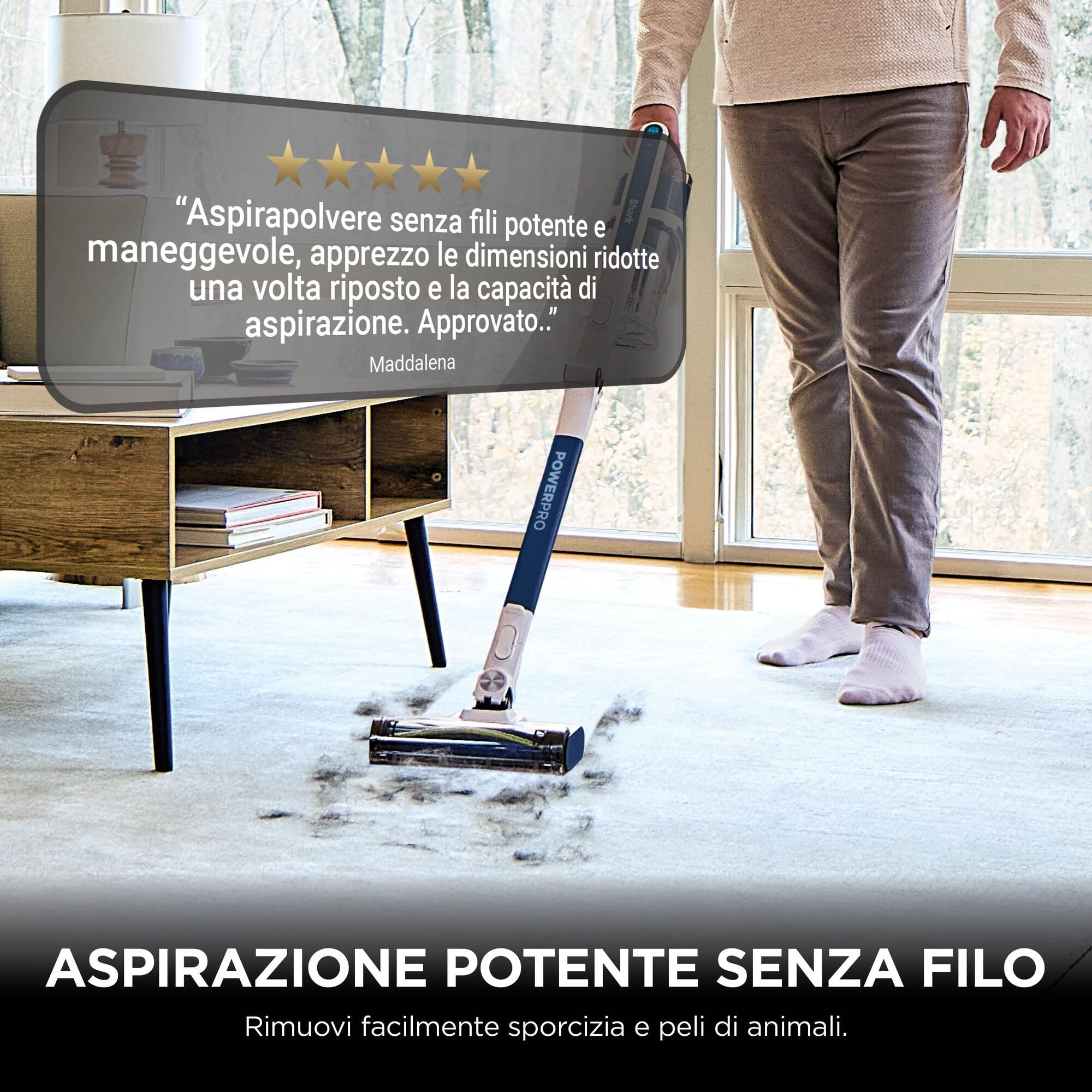 Shark PowerPro Aspirapolvere Senza Filo, FloorDetect, Antigroviglio, Anti-Allergen Complete Seal, Leggero, Flessibile, Aspirabriciole, Autonomia 50 minuti, Contenitore XL, Blu Metallizzato IZ380EU