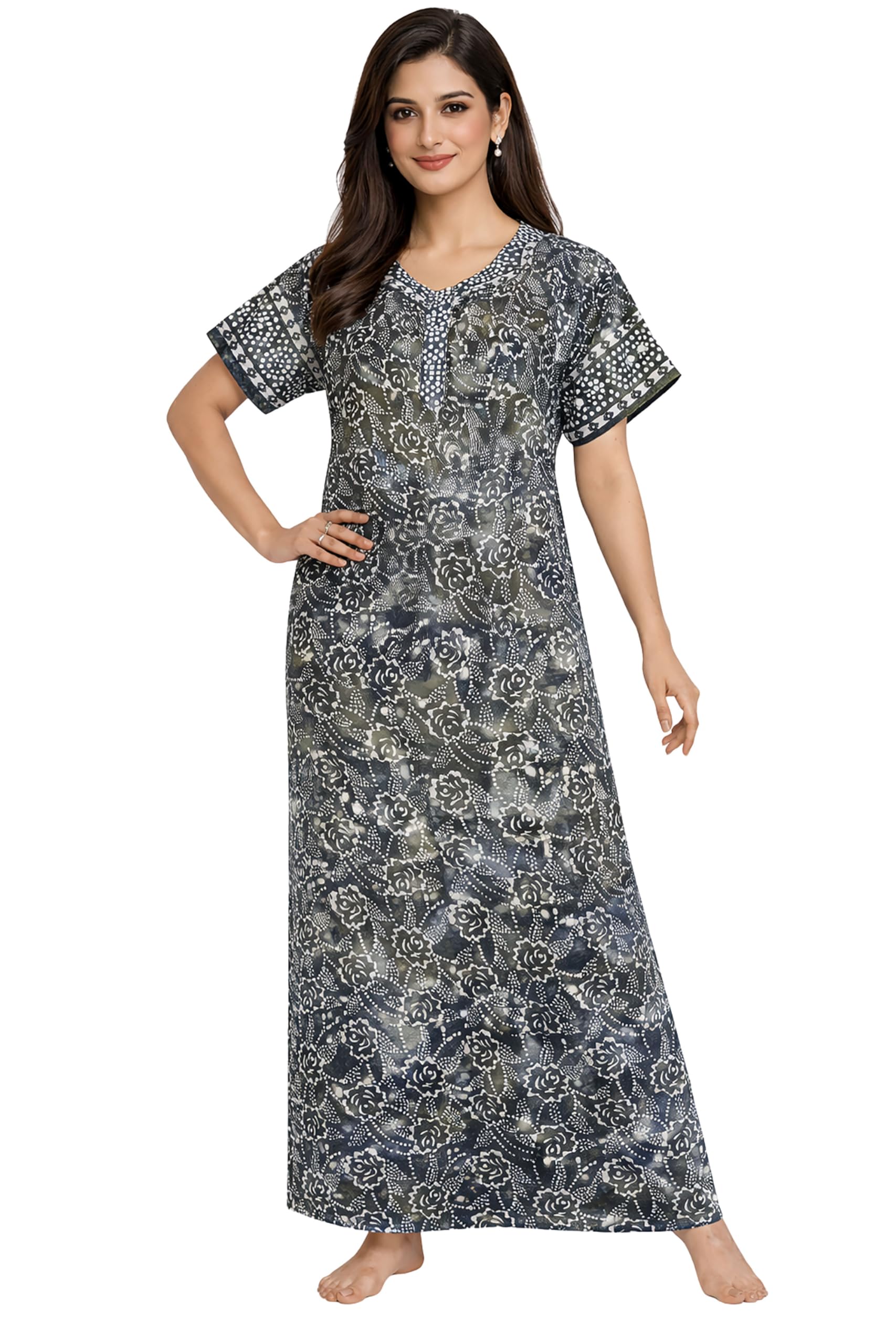 zayu Nighty| Nighty for Women Stylish| Cotton Nighty for Women| Night Gown for Women Stylish| Authentic Batik Style Print| 100% Pure Cotton| Maxi Length| Lounge & Sleep Wear| Short Sleeves|-picture-22