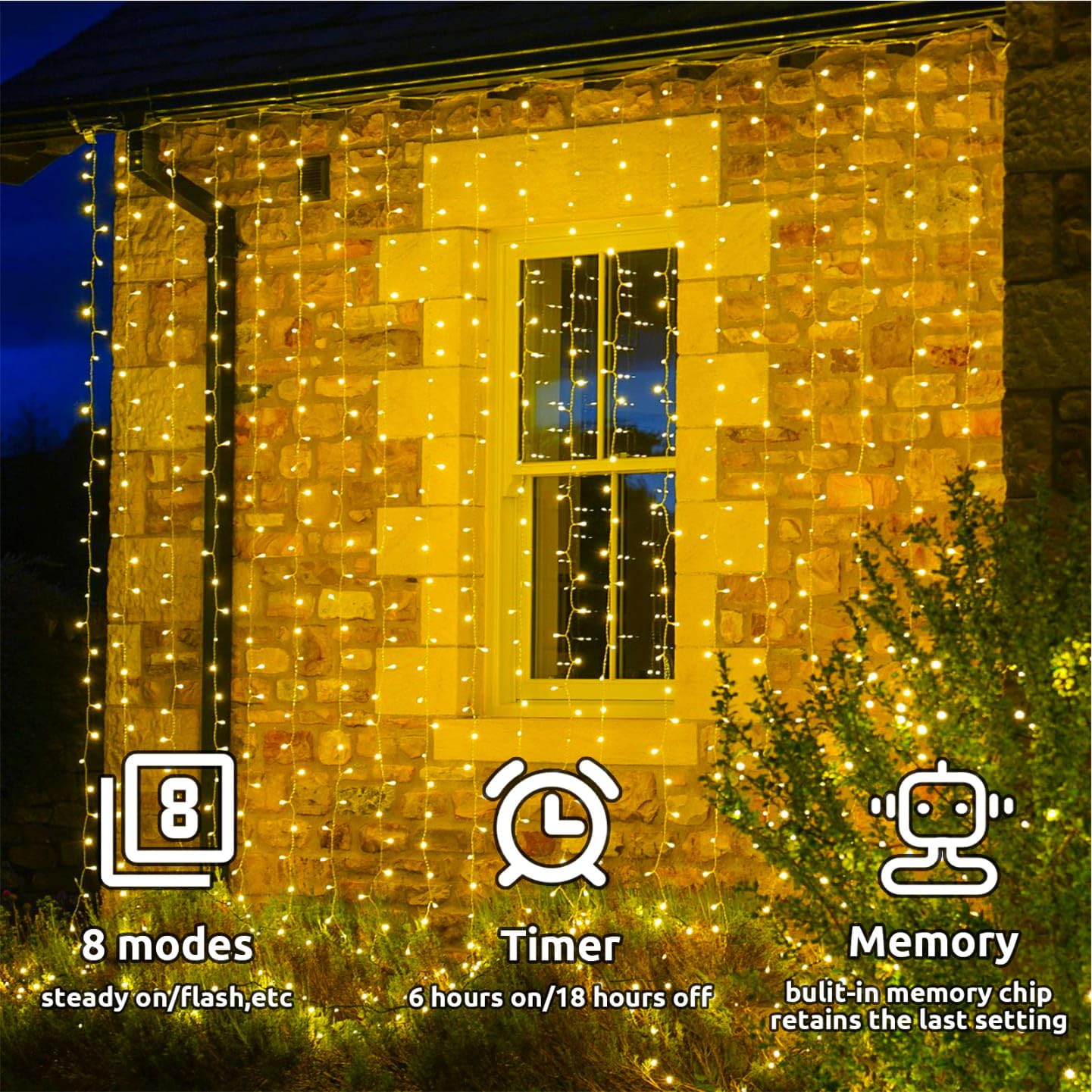 Cozymeow Cortina de Luces 3M x 3M 300 LED Guirnaldas Luminosas 8 Modos Impermeable con Enchufe, Luces de Hadas para Decoración Boda Jardín, Terraza, Fiesta, Interior y Exterior - Blanco Cálido