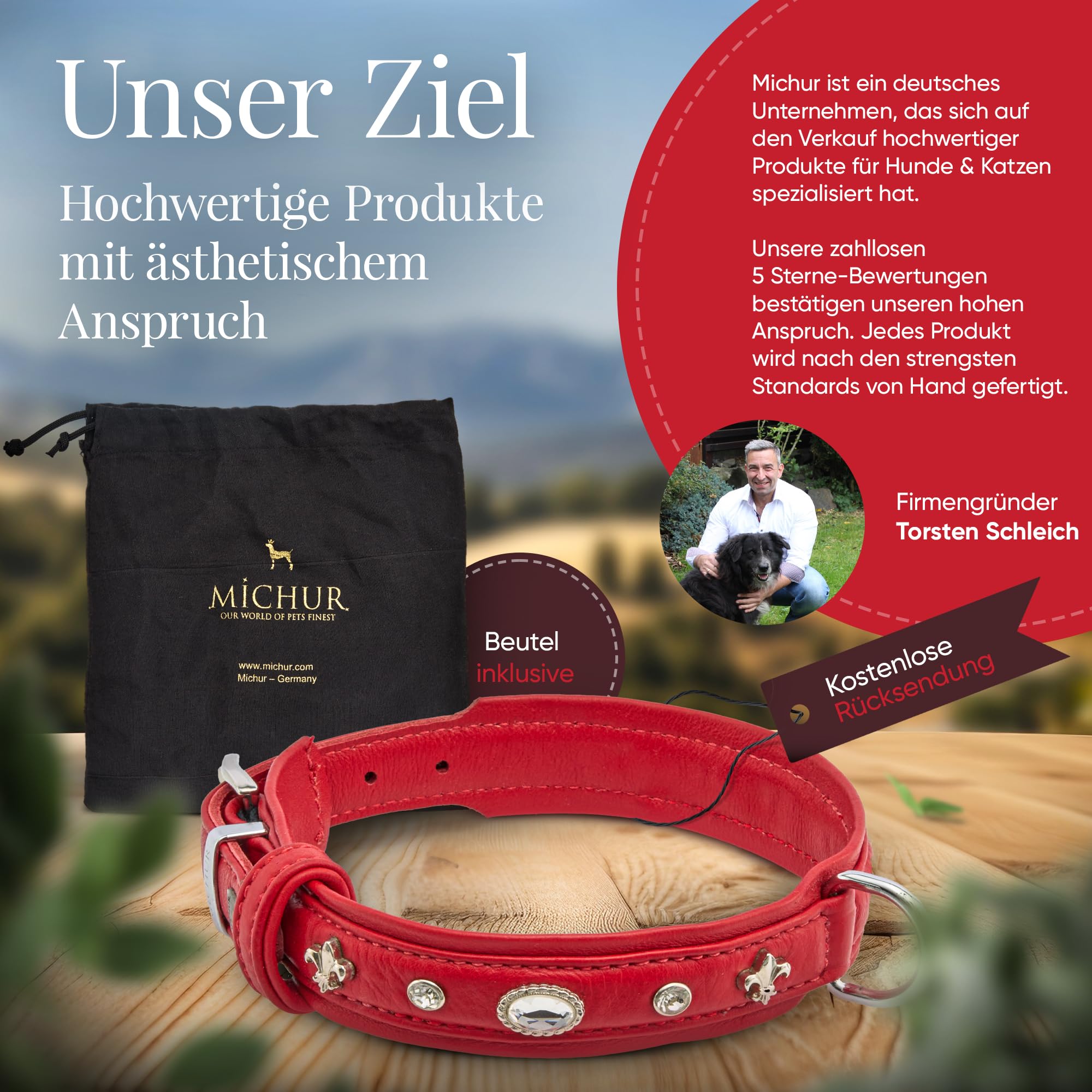 MICHUR Julieta Hundehalsband Leder, Lederhalsband Hund, Halsband, Rot, Leder, mit Lilien, Strasssteinen und großem Kristall
