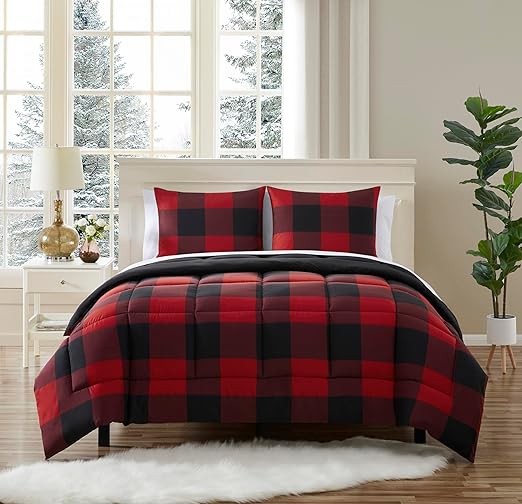 7 Piece Comforter Set Bag Solid Color All Season Soft Down Alternative Blanket & Luxurious Microfiber Bed Sheets, Full, Buffalo Plaid Burgundy/Black