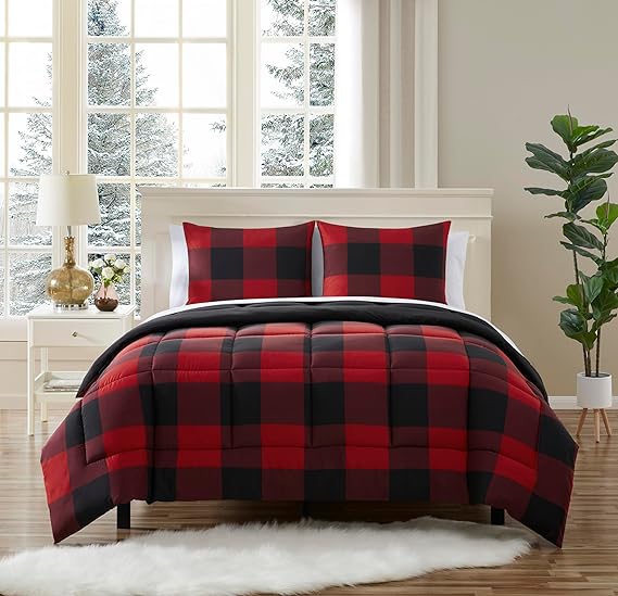 7 Piece Comforter Set Bag Solid Color All Season Soft Down Alternative Blanket & Luxurious Microfiber Bed Sheets, Full, Buffalo Plaid Burgundy/Black