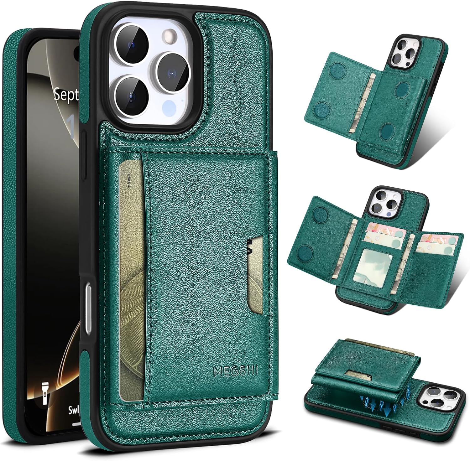 for iPhone 13 pro max Wallet Case, 2-in-1 Detachable Wallet Case, Card Holder RFID Blocking, Fashionable Faux Leather Card Slot & Folding Design (Green 6.7'')