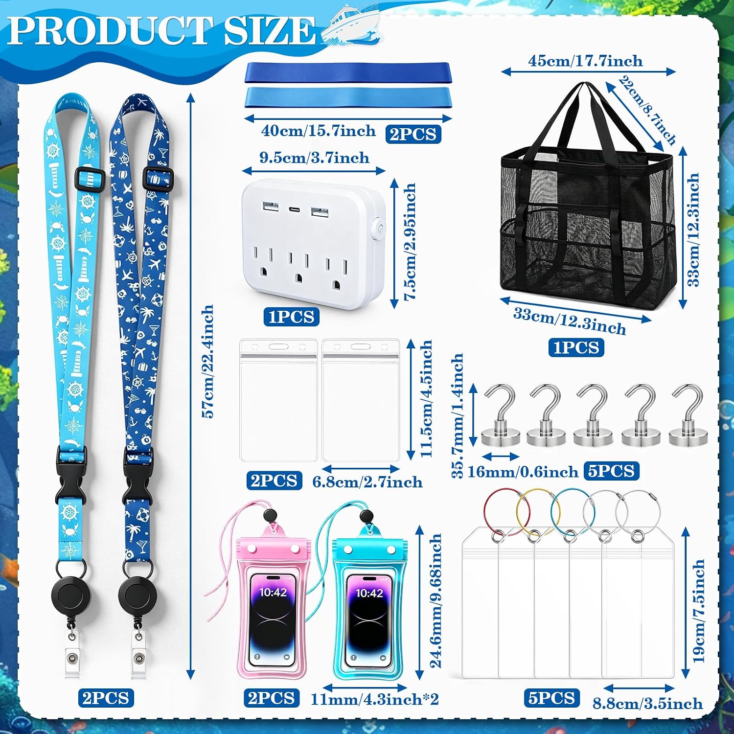 Cruise Essentials 2026, 18PCS Cruise Must Haves Kit, Travel Essentials with Beach Bag,Non-Surge Protector Power Strip,Magnetic Hooks,Luggage Tags,Lanyards,Towel Bands,Waterproof Phone Pouches