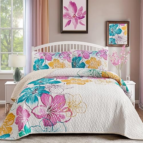 Miniatura 22 de DJY Juego de edredón de 3 piezas, tamaño King, con patrón floral grisáceo, cubrecama bohemio floral con 2 fundas de almohada, juego de ropa de cama