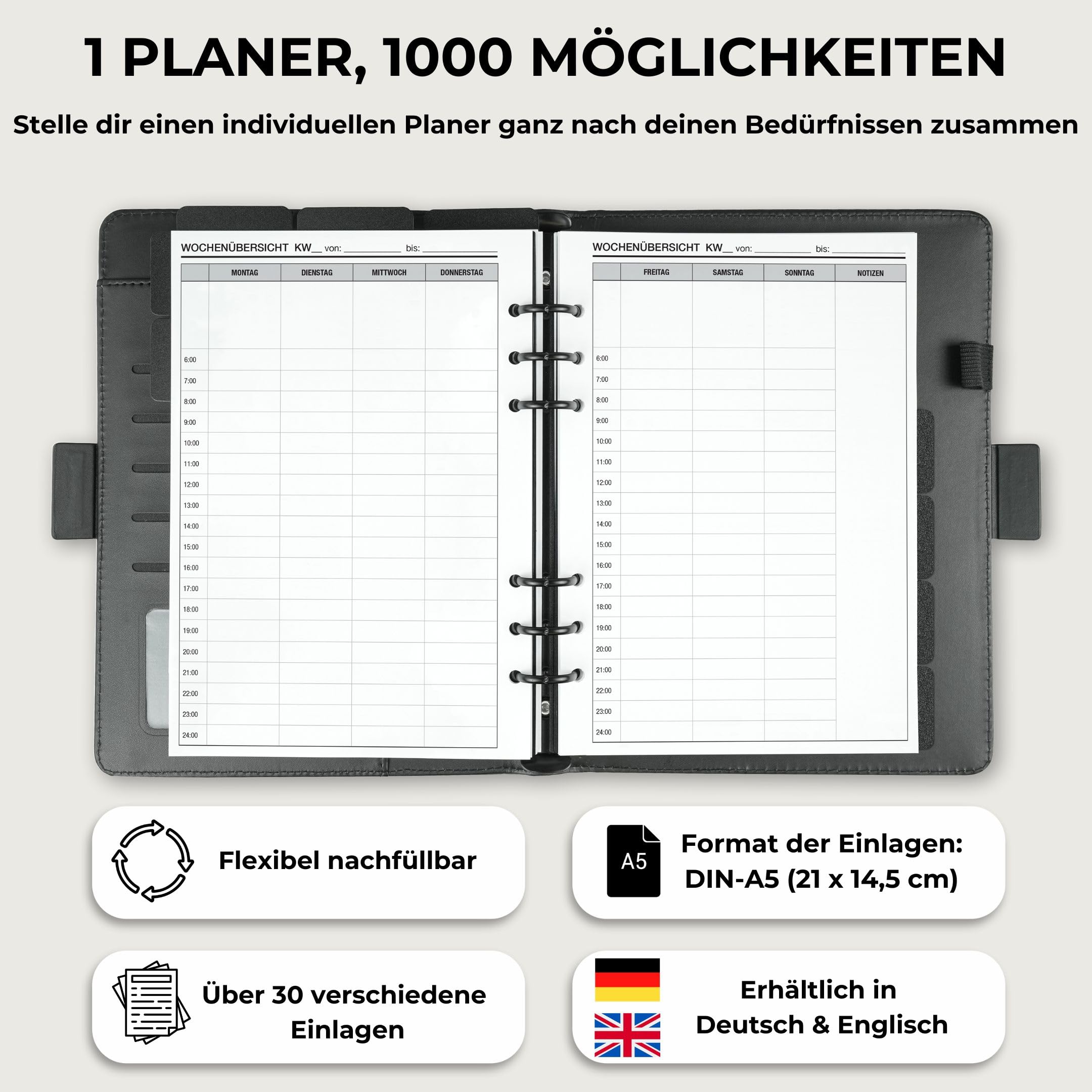 KOMPASS® Ringbuch A5 Nachfüllbar | Stell dir deinen eigenen Planer zusammen | To-Do-Planer, Wochenplaner, Terminplaner, Kalender, Journaling, Bullet Journal (Schwarz, Planer-Set - Starter)