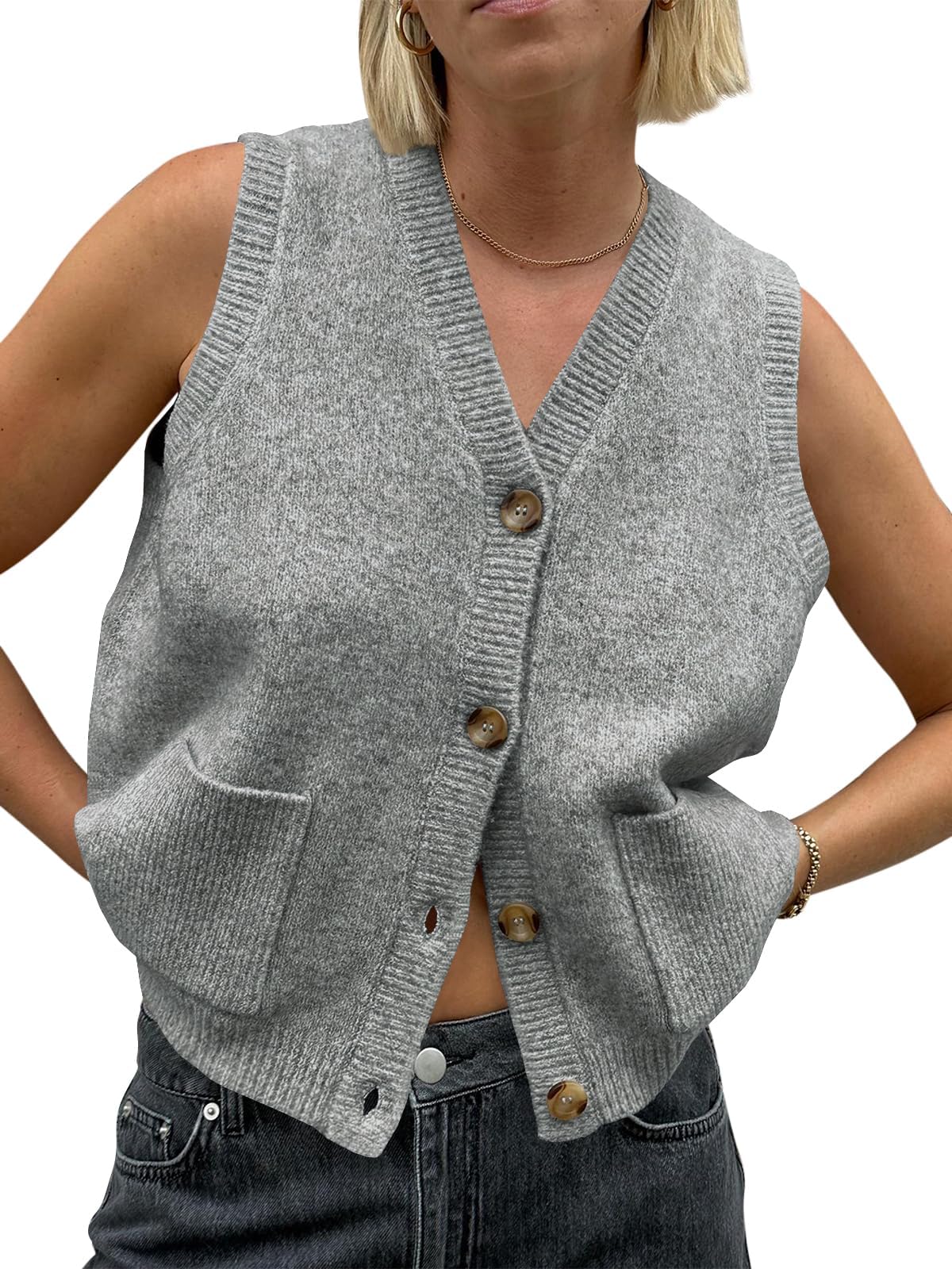 Saodimallsu Damen Ärmellos Pullover Weste Lockere Passform Strickwesten Knopf V Hals Stricken Trendy Casual Strickjacke mit Taschen