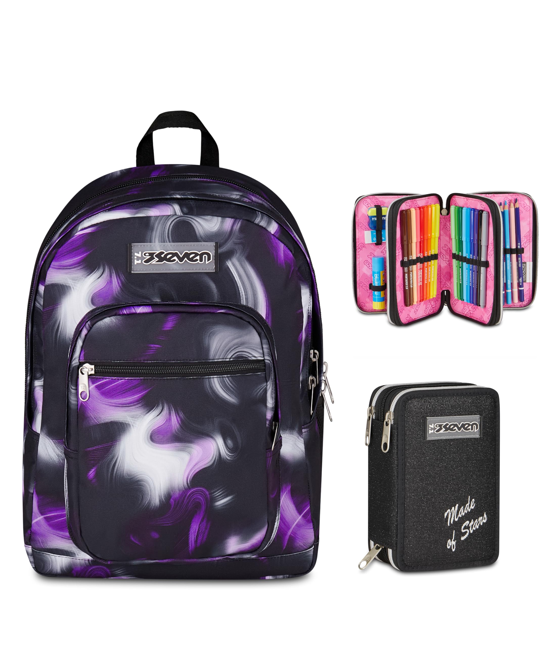 Seven Zaino Scuola FREETHINK, Doppio Scomparto, Nero, 34 L, Bambina, Ragazza + Astuccio 3 zip MADE OF STARS, Nero, Effetto brillantini,45 pezzi, Scuola elementare