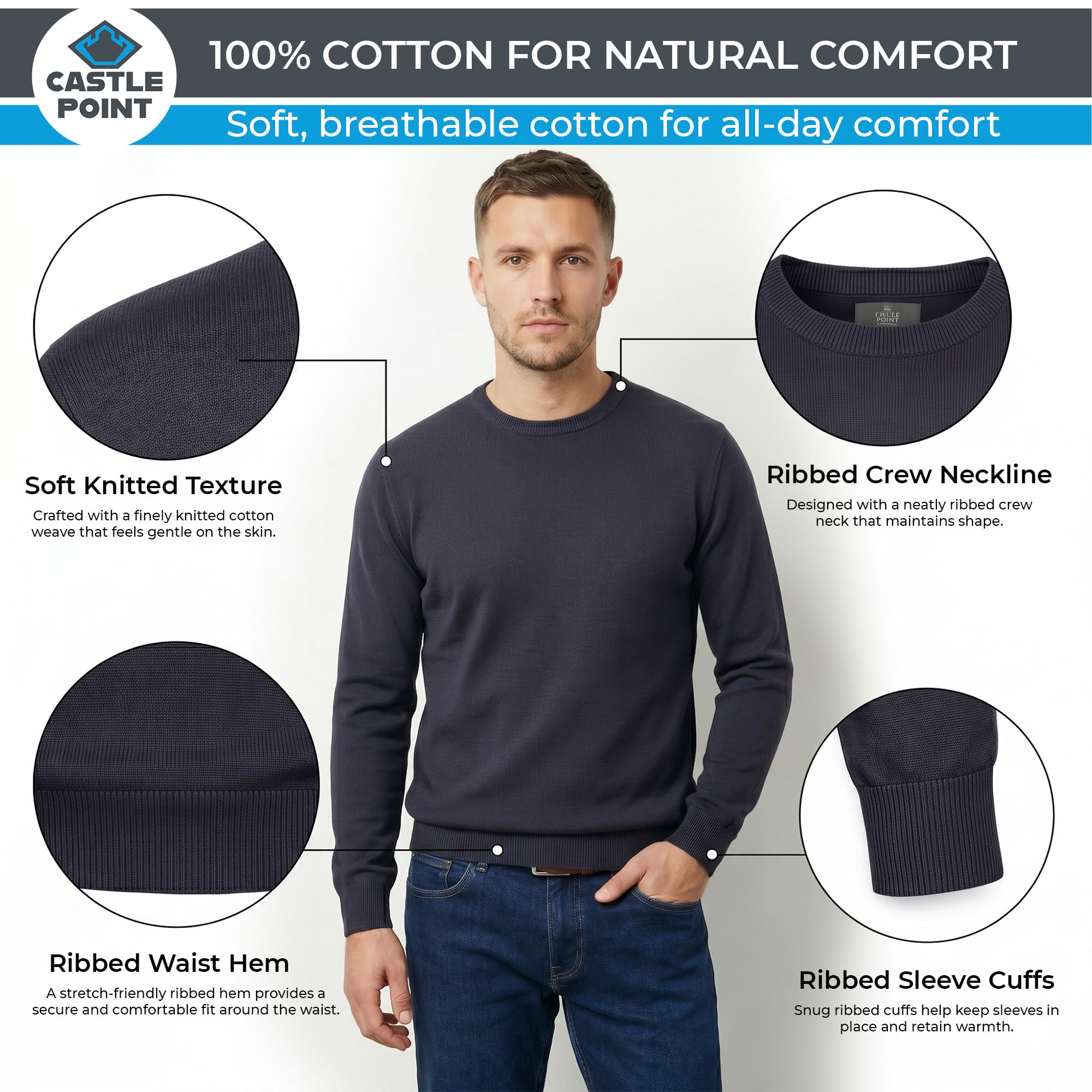 Castle Point Maglione Uomo 100 % Cotone, Pullover in Maglia con Girocollo o Scollo a V, Leggero Classico per Tutti i Giorni e Stile Casual