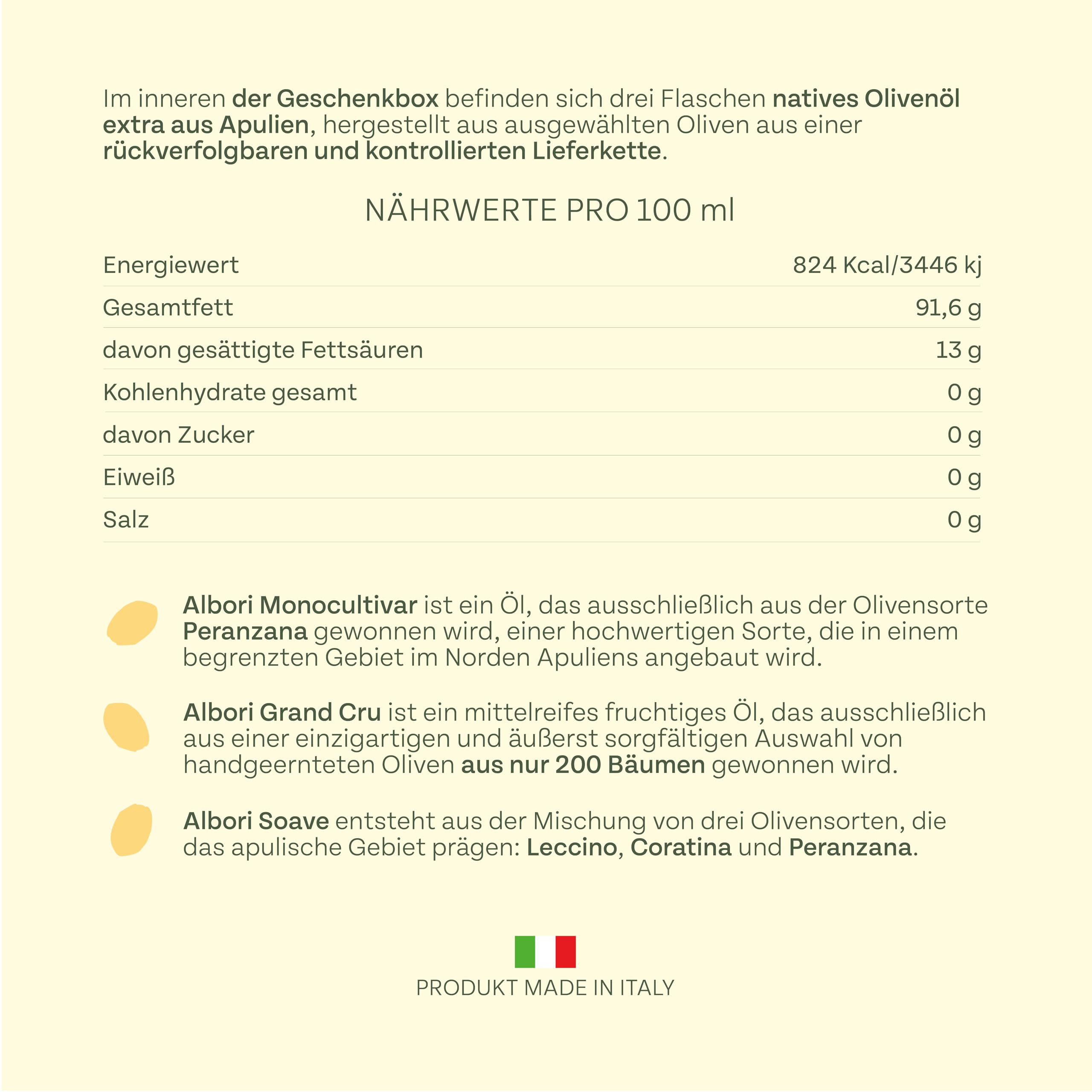 ALBORI Verkostung- Olivenöl Italienisch Extra Nativ Apulisches Kaltgepresst, Geschenkset Geschenkbox Degustation mit 3 Ölflasche Olive Oil 100ml, Premium Geschenkideen Monokultivar und Mischung Oliven