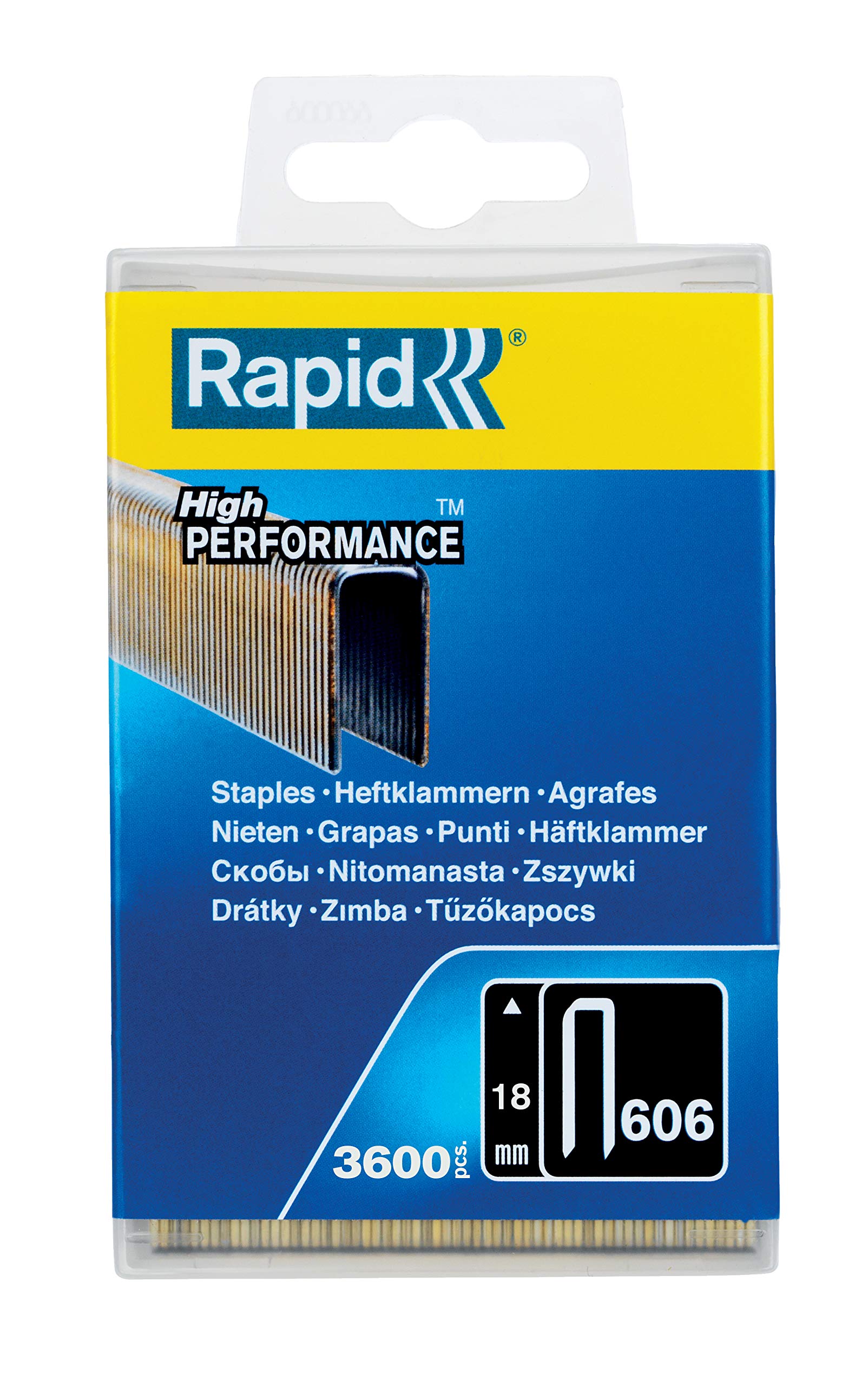 Rapid High-Performance Staples for Dense Materials, Narrow Crown No. 606, Leg Length 18mm, Staple Gun Staples, Resin-Coated Galvanised Steel, 3600 Pieces, Plastic Box (40303094)