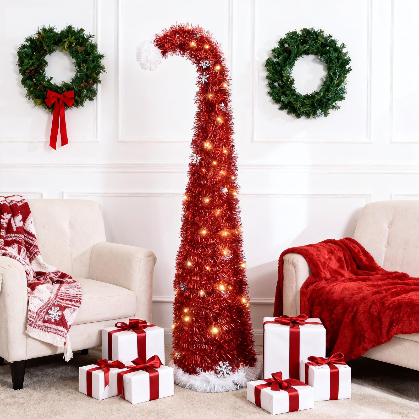 150cm Albero di Natale pop up slim a forma di cappello di Babbo Natale rosso con fiocchi di neve, albero di Natale pieghevole veloce per camera, aula, ufficio e feste