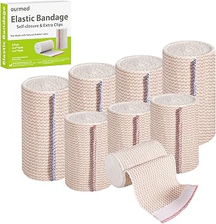 Elastic Bandage Wrap - Ourmed Compression Bandage with Self Closure and Extra Clips, 4x3", 4x4", Latex Free Bandage for Sp...