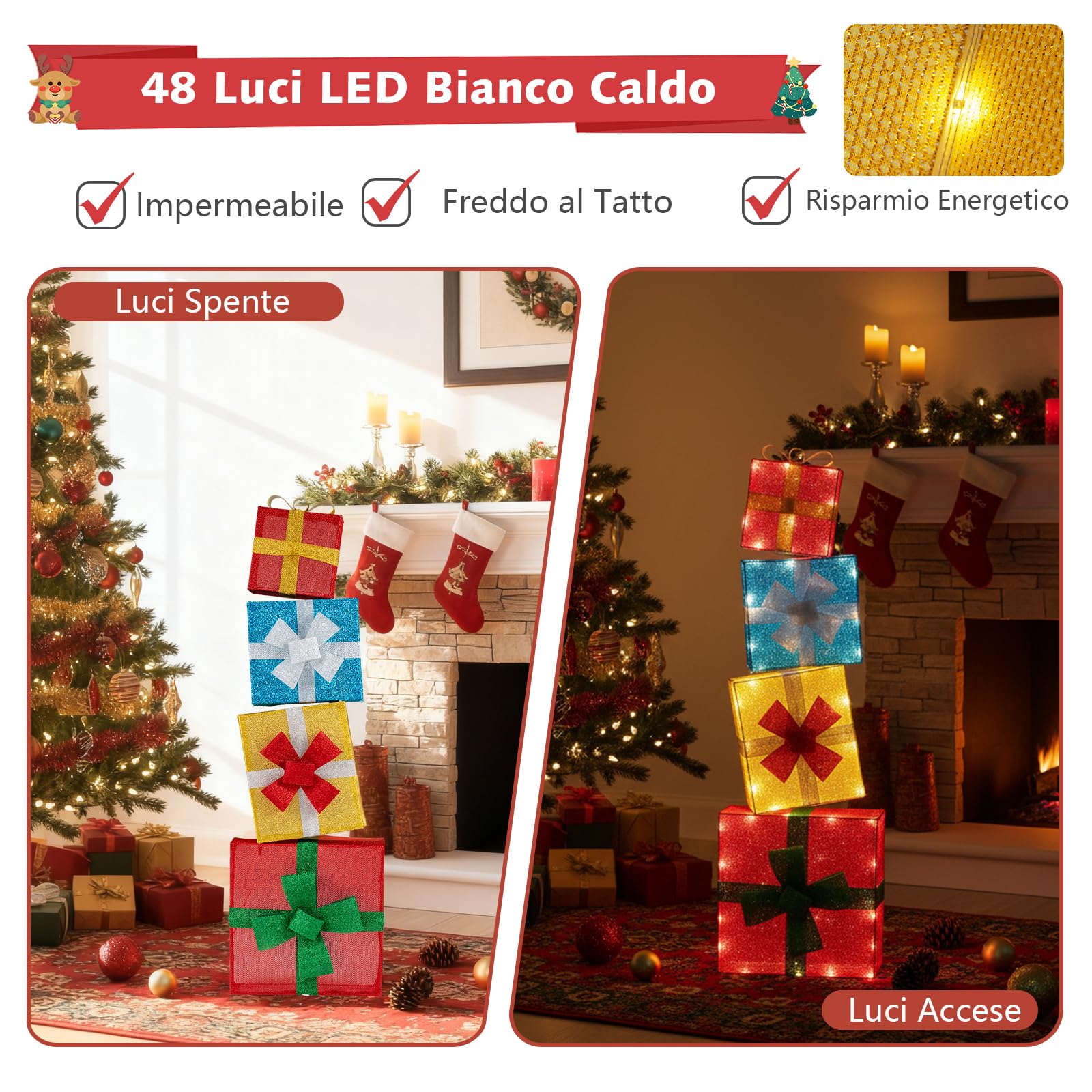 COSTWAY Scatole Regalo per Decorazioni di Natale, Set 2D da 4 Scatole Sovrapposte Preilluminate, Scatole Regalo Impilabili da 120 cm con LED e Fiocchi per Interni ed Esterni, Giardino, Cortile