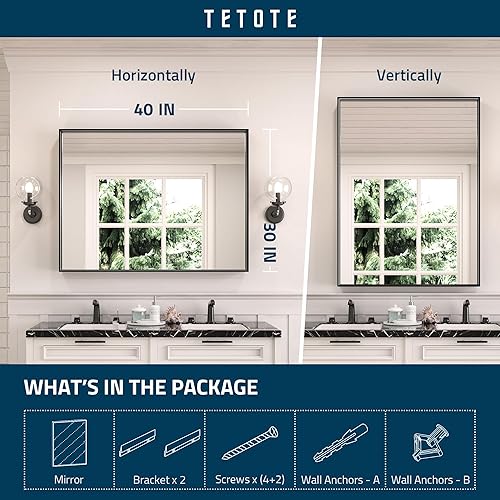 Miniatura 3 de TETOTE Espejo de baño con marco negro de 40 x 30 pulgadas, espejo rectangular grande de pared de baño, marco de metal negro mate, espejo rectangular