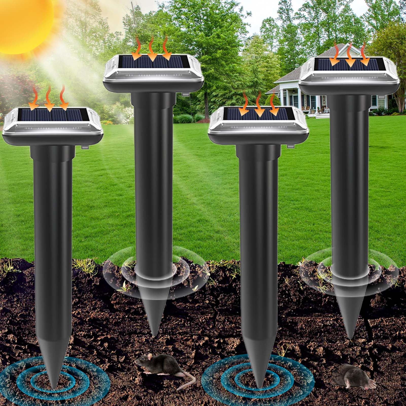 Maulwurf Vertreiber Testsieger Solar Maulwurfschreck für Mäuse [4er Pack] | IP65 Wasserdicht Ultraschall Vibrations Maulwurfschreck gegen Maulwürfe und Wühlmäuse für Garten und Rasen