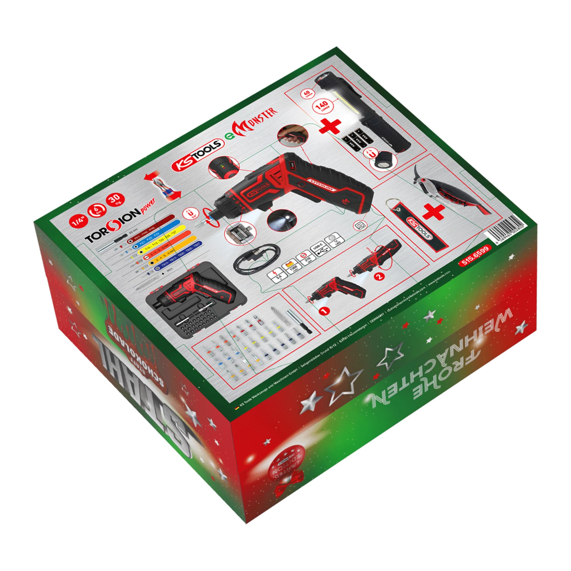KS Tools Calendario dell'Avvento 2025 - Set di cacciaviti a batteria, 30 pezzi, torcia e cavatappi, portachiavi