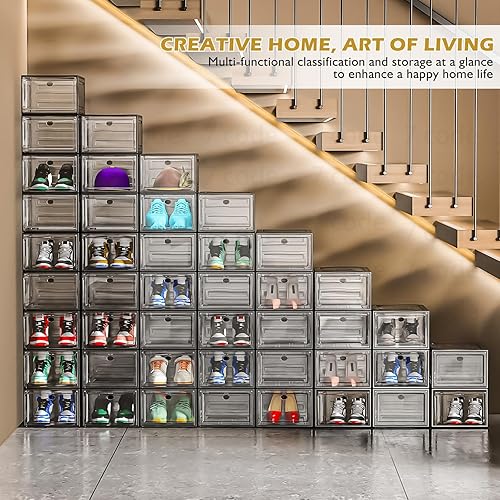 Miniatura 2 de Organizador de almacenamiento de zapatos de plástico transparente, grueso y resistente c/puerta magnética, cajas apilables, zapatero plegable, Negro