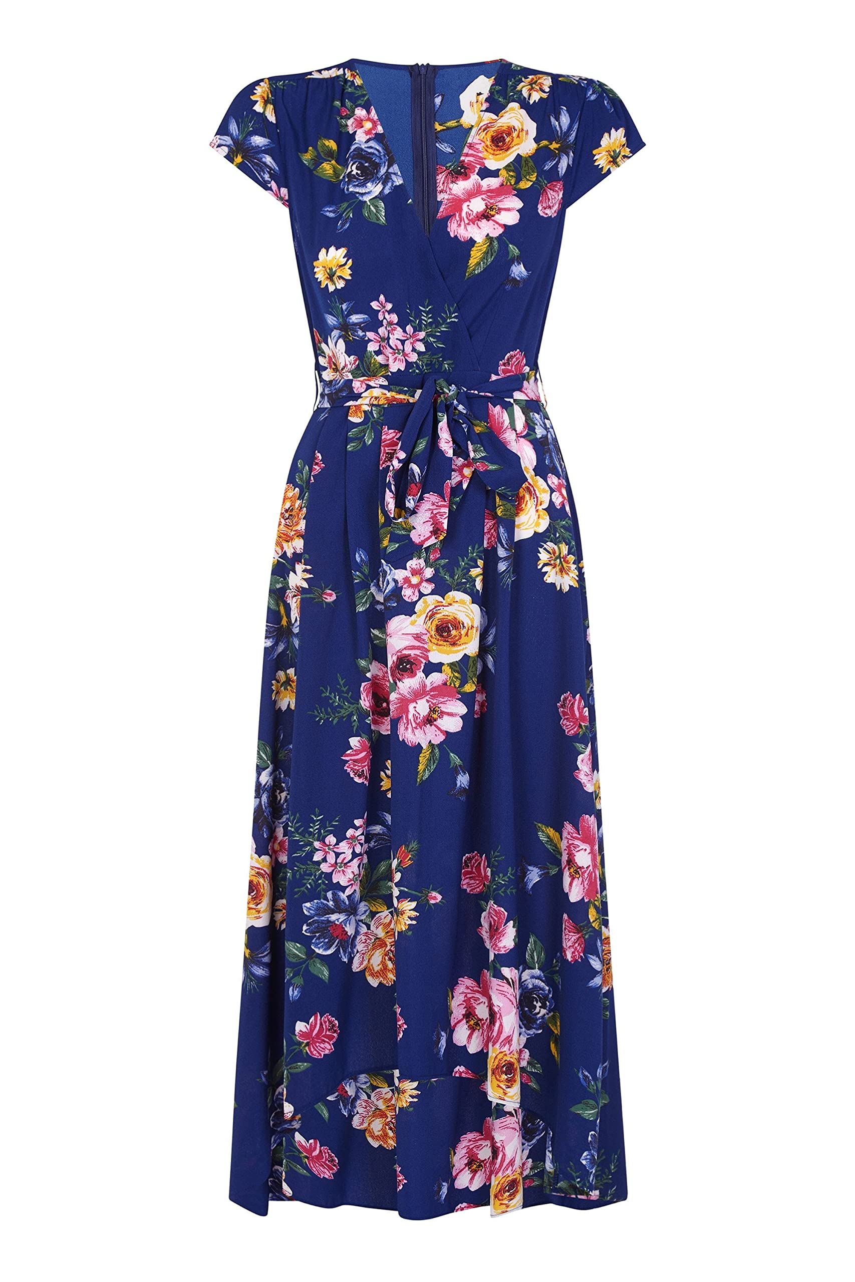 Mela London Mela Blue Floral Wrap Over Dipped Hem Midi Dress 12 Navy