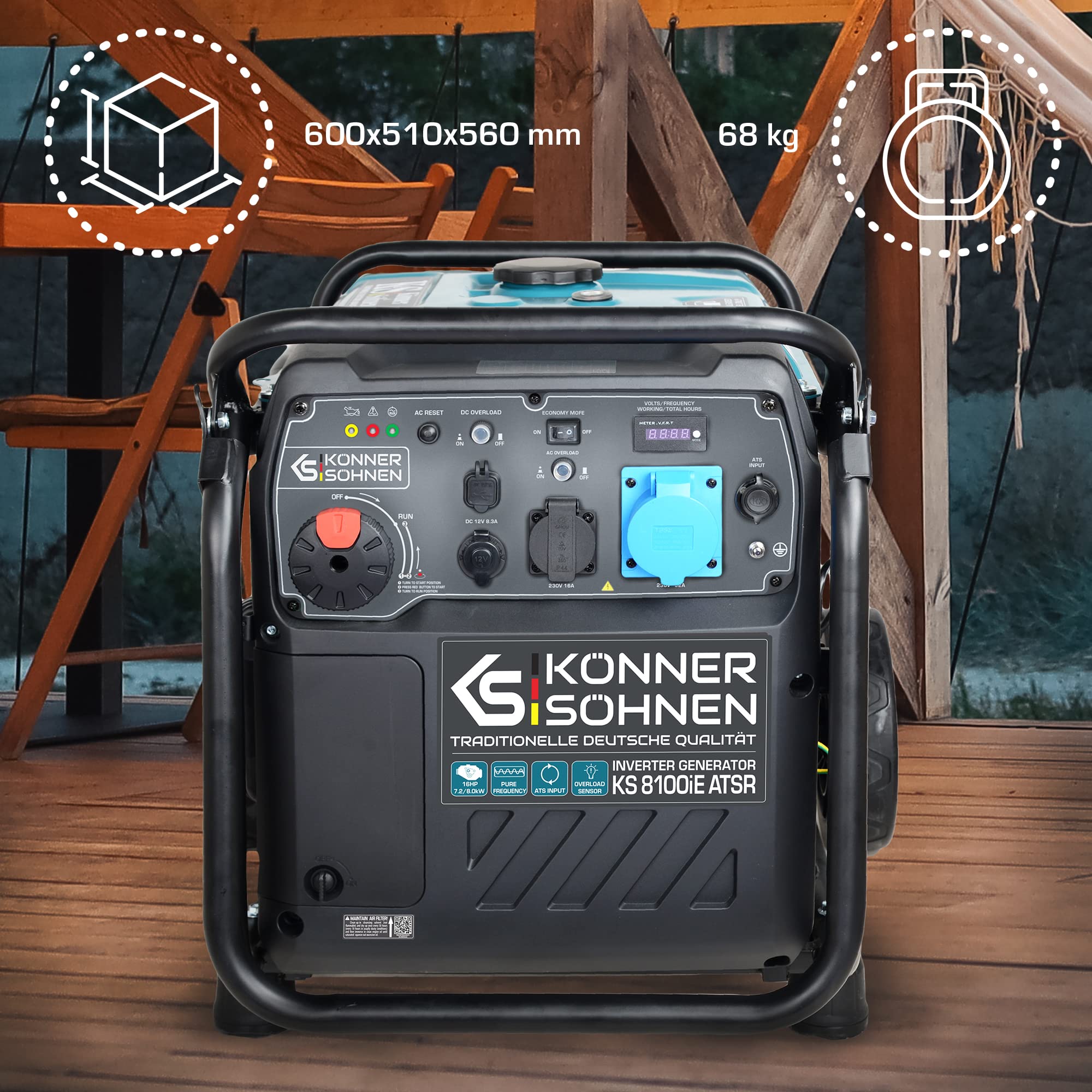 K&S Könner&Söhnen KS 8100iE ATSR Invertergenerator Benzin-Inverter-Generator, Stromerzeuger Höchstleistung 8,0 kW, 2 USB-Anschlüsse,Kupferwicklung, Kurzschluss- und Überlastschutz, EURO V