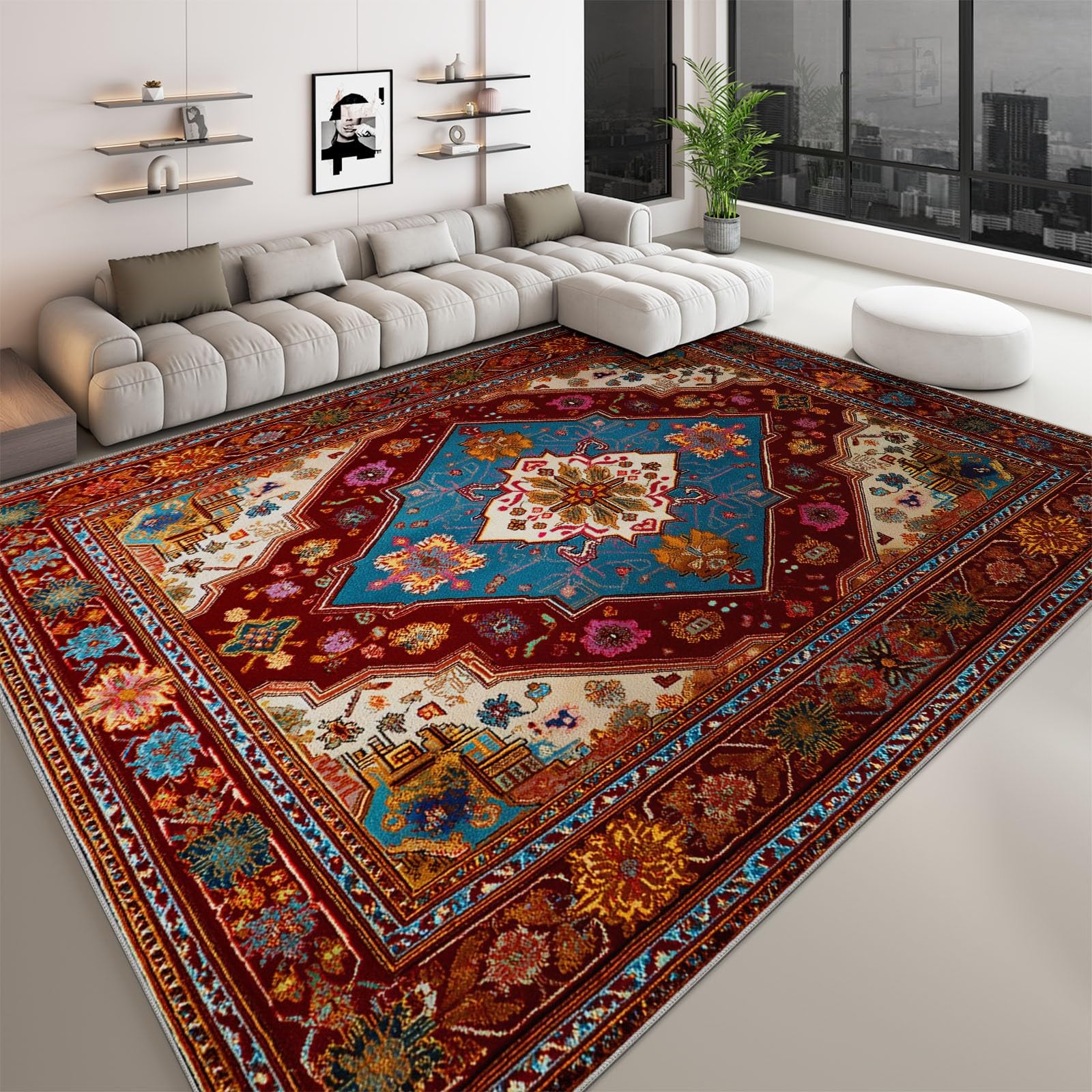 Generico Tappeto Salotto Tradizionale Orientale Natura Fiori, Pelo Corto Tappeto Morbido Camera da Letto Antiscivolo Lavabile Tappeti Soggiorno Cucina Tappeti di Zona Home Decor, Rosso 160 x 230 cm