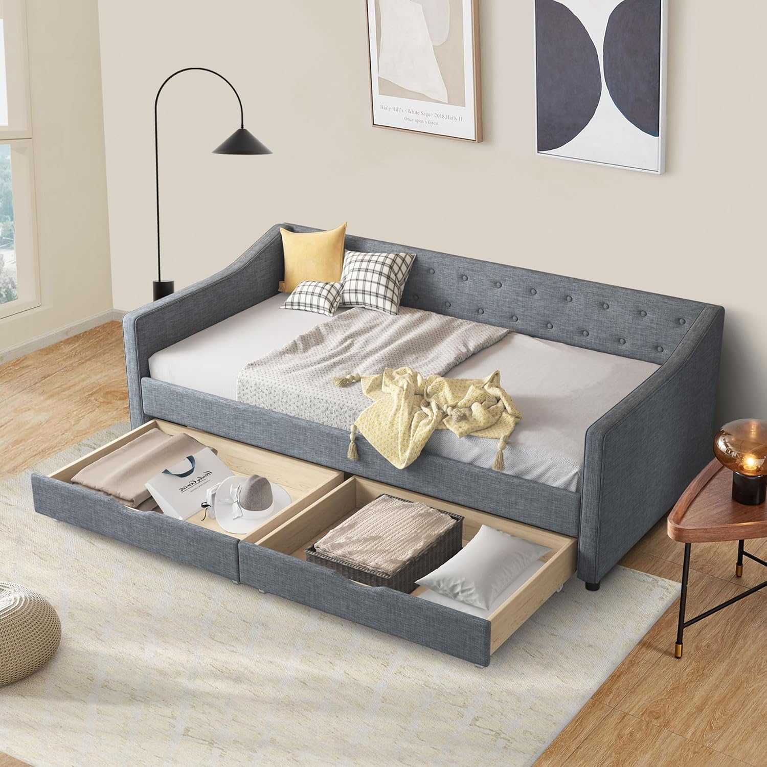 (incomplete) Twin Size Upholstered Daybed with Two Storage Drawers,Tufted Sofa Bed w/Button on Back and Piping on Waved Shape Arms for Bedroom Guest Room, No Box Spring Needed,Light Grey Light Grey Twin
