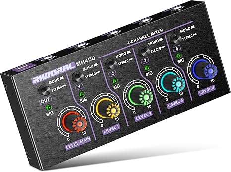 Mini Audio Stereo Mixer 4 Channel 1/4 Inch TSR/TS Audio Input Jack For Line Mixer Stereo/Mono Cutovers Compatible With Mic, Guitars Volume Amplifier Knob Mix Audio Output To Small Mixer & Speaker