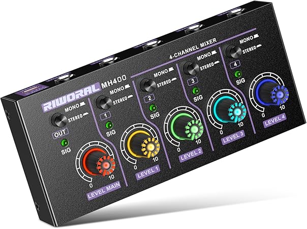Mini Audio Stereo Mixer 4 Channel 1/4 Inch TSR/TS Audio Input Jack For Line Mixer Stereo/Mono Cutovers Compatible With Mic, Guitars Volume Amplifier Knob Mix Audio Output To Small Mixer & Speaker