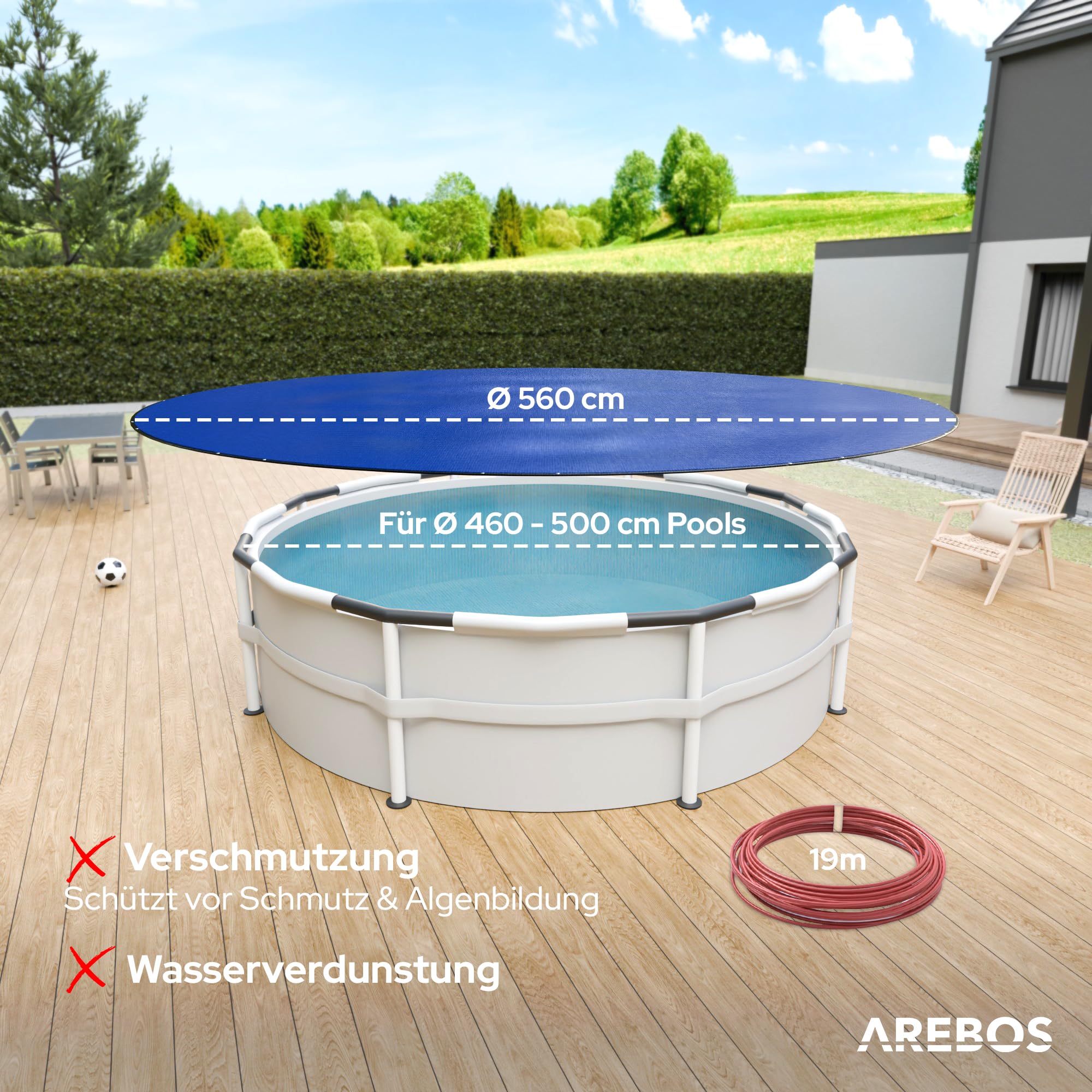 Arebos® Poolabdeckung rund Ø560 cm | 2-in-1 Poolplane aus 200g/m² PE Material | Sommer & Winter Abdeckung für Schwimmbecken | Solarplane Pool Plane | geeignet für Pools mit Ø 460-500 cm