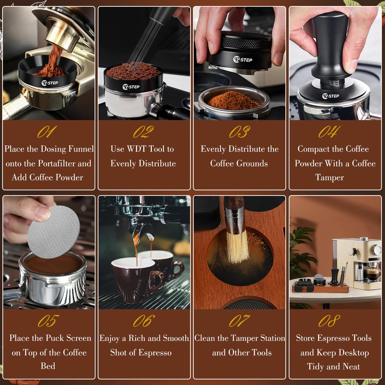 Y-Step Espresso Zubehör 8er Set, Kaffee Tamper 51mm mit Tamperstation, Coffee Leveler, WDT Tool, Dosierring, Reinigungsbürste, Puck Screen, Rührer, für Espressomaschine