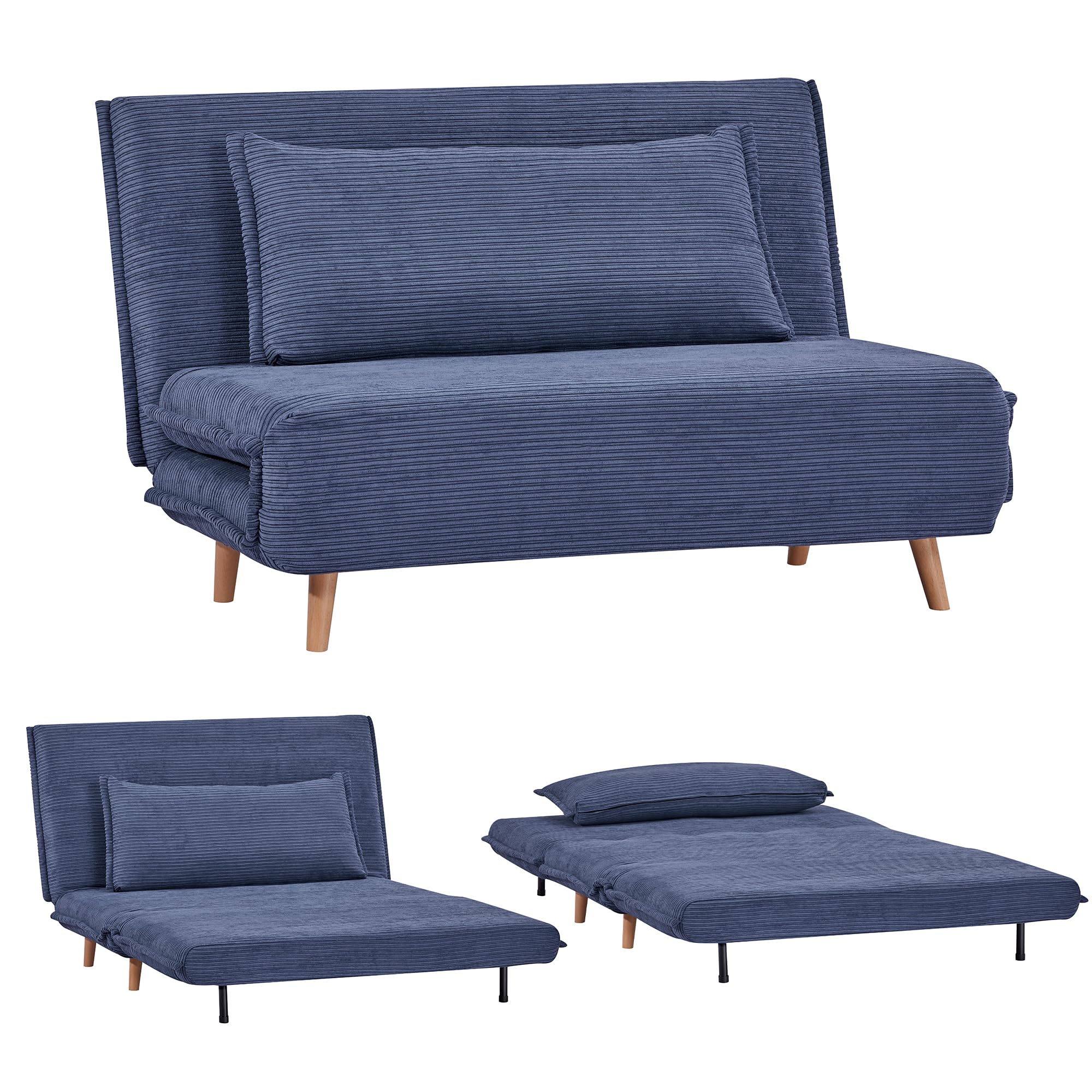 EVERGREENWEB Poltrona Letto Trasformabile in Letto Piazza e Mezzo 120x190 con Materasso e Cuscino Imbottito | Divanetto Clic Clac con Schienale Regolabile 2 Posti con Gambe in Legno | Blu | VELVET