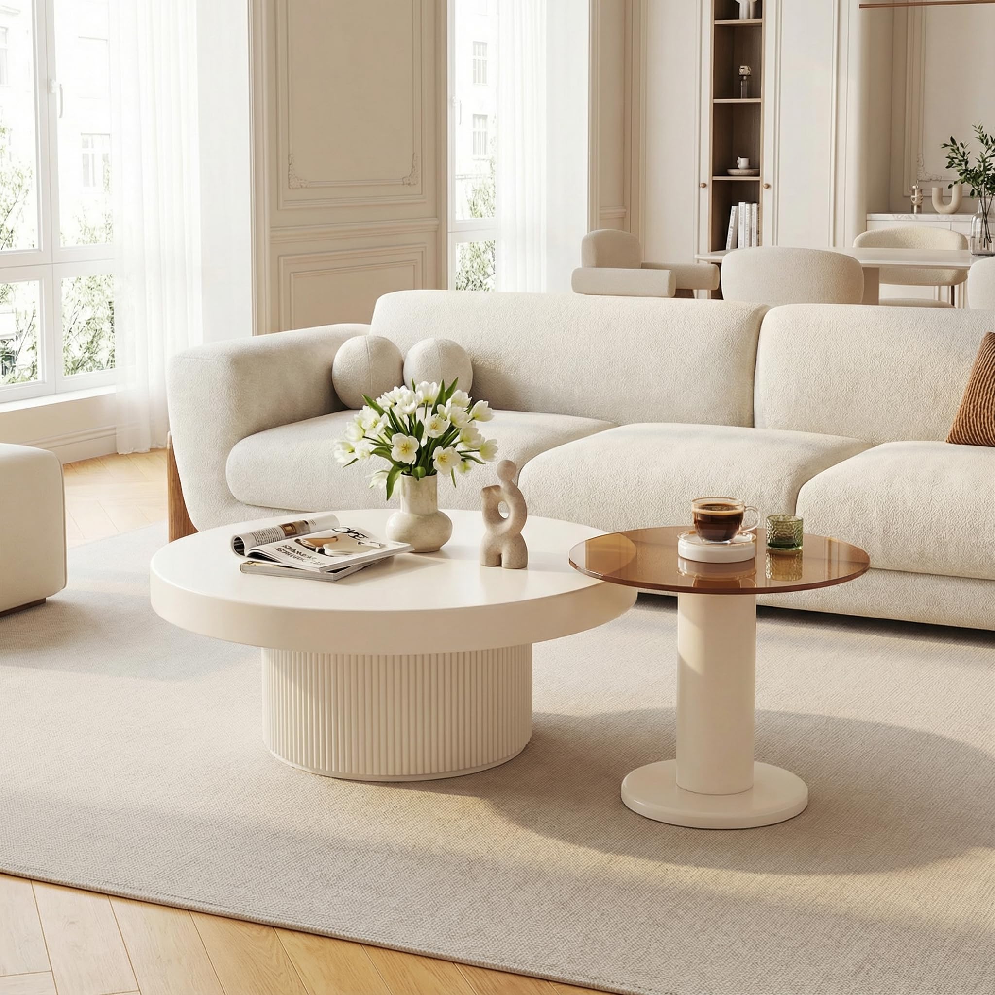 GlimBiz Round Nesting Coffee Table, 2-in-1 Cream Coffee Table, Large White End Table and Tempered Glass Small Side Table, Cylindrical Support Legs,