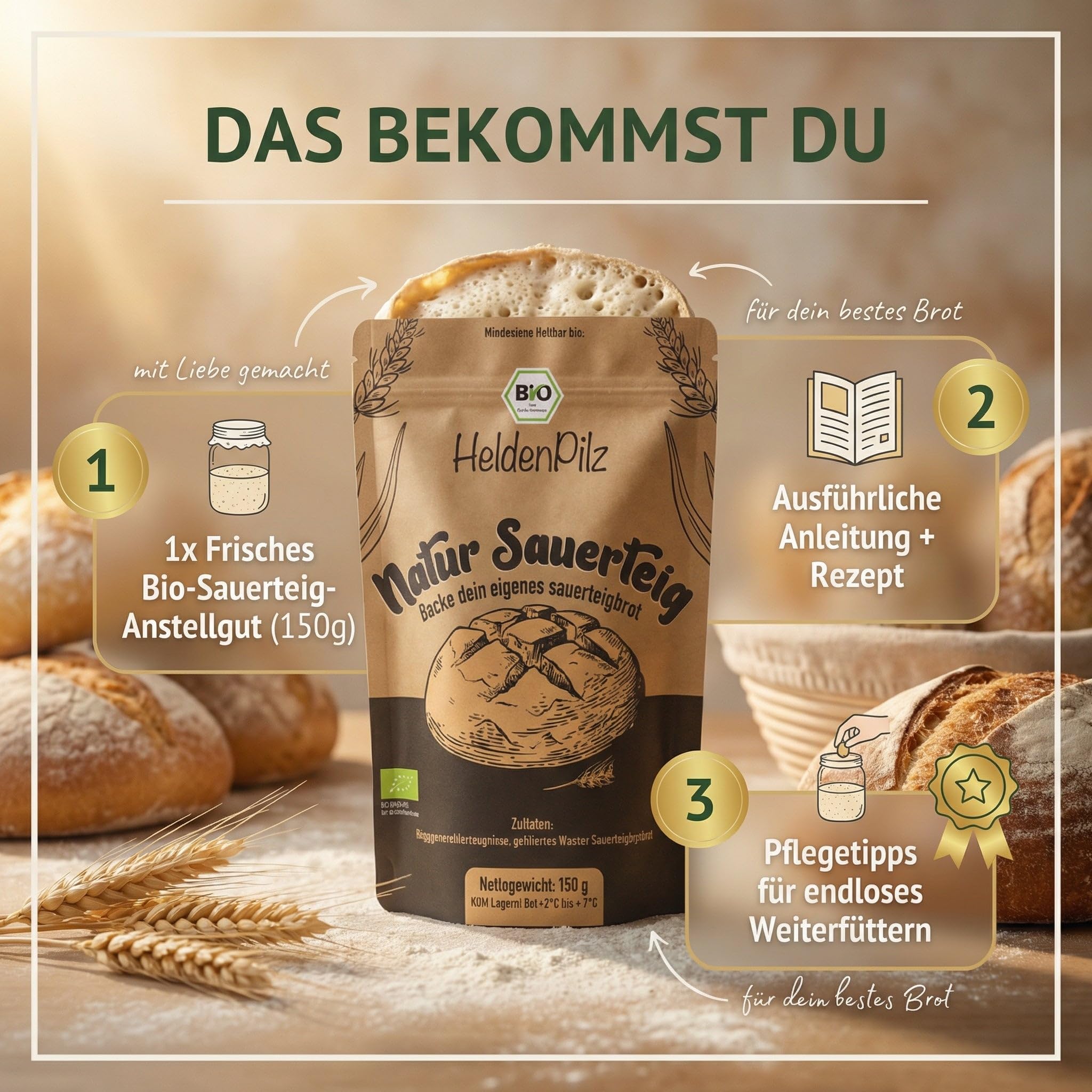 HeldenPilz | Masa agria orgánica fresca | Set para hornear pan + regalo | hacer pan crujiente tú mismo, incluye instrucciones y recetas, ingredientes 100% naturales (centeno para iniciar la levadura