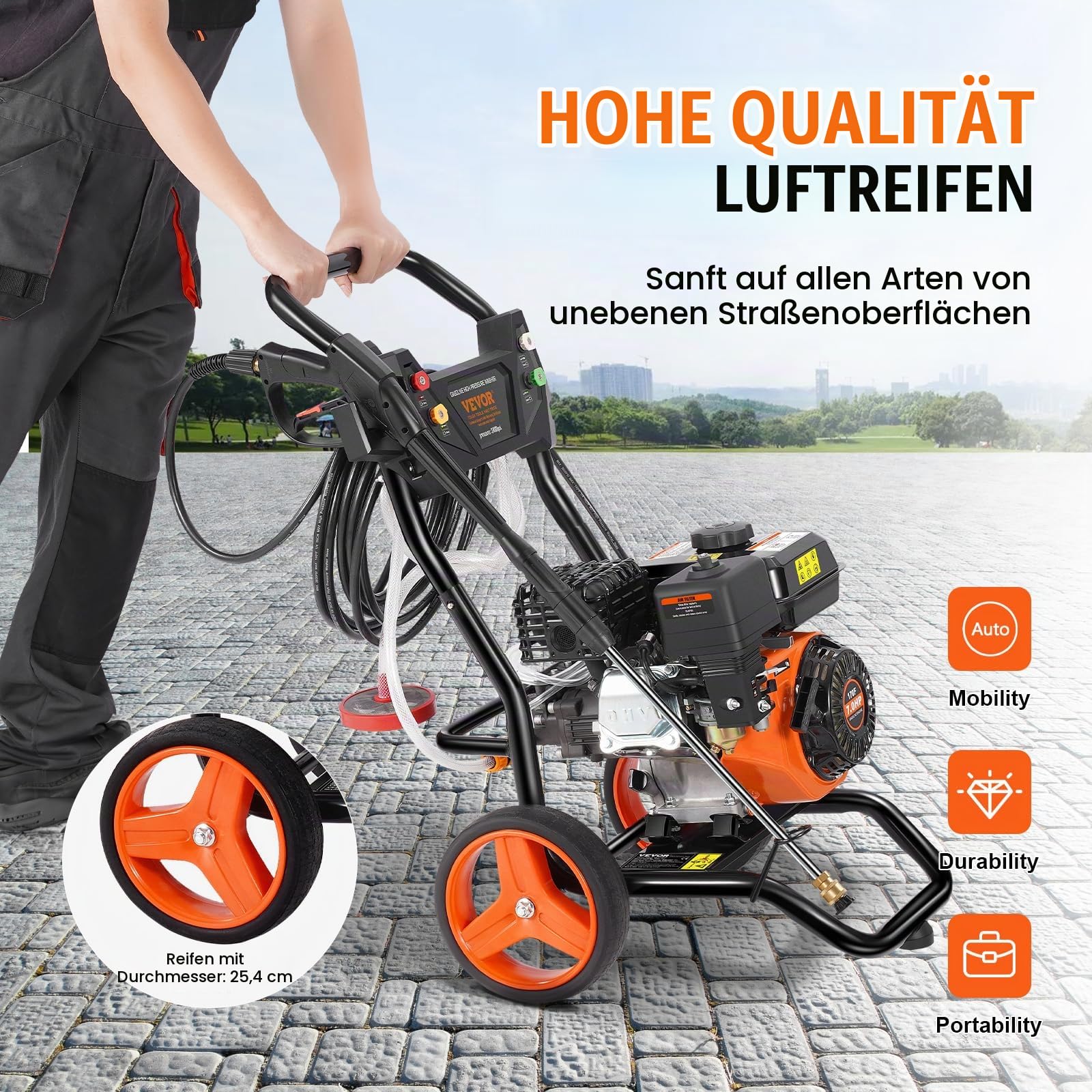 VEVOR Benzin-Hochdruckreiniger, 3400 PSI 2,6 GPM, Terrassenreinger 10 L/min mit Aluminiumpumpe, Hochdruckpistole & Verlängerungsstab, 5-Düsen-Set, für Autos, Zäune, Häuser, Terrassen, vertikal
