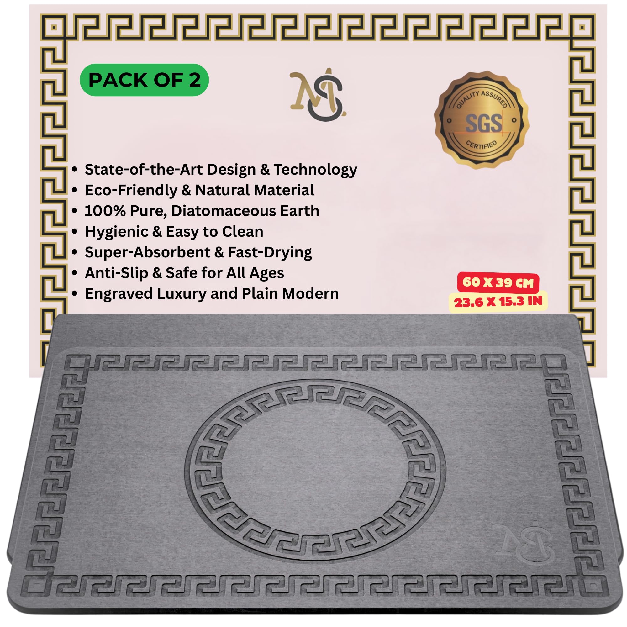 Quick Drying Stone Mat Bundle - Natural Diatomaceous Earth Bath Mat & Dish Drying Stone - Non-Slip, Absorbent Kitchen & Bath Drying Stone Mat - Extra Large Stone Mats 23.6" x 15.3" - Gray, 2 Pack