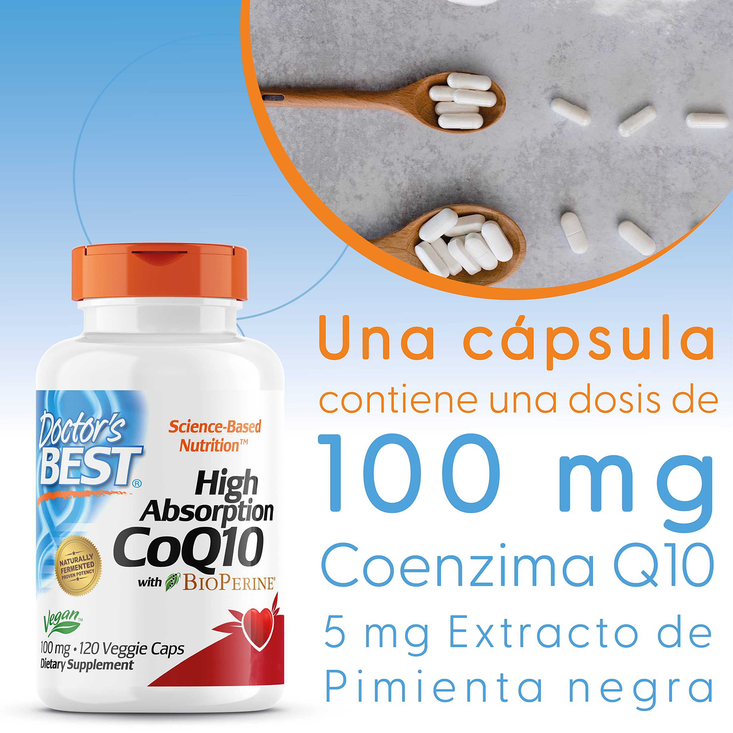 Doctor's Best, High Absorption CoQ10 (CoQ10 de Alta Absorción con Bioperina), 100mg, 120 Cápsulas vegetales, Coenzima Q10, Probada en Laboratorio, Sin Gluten, no GMO