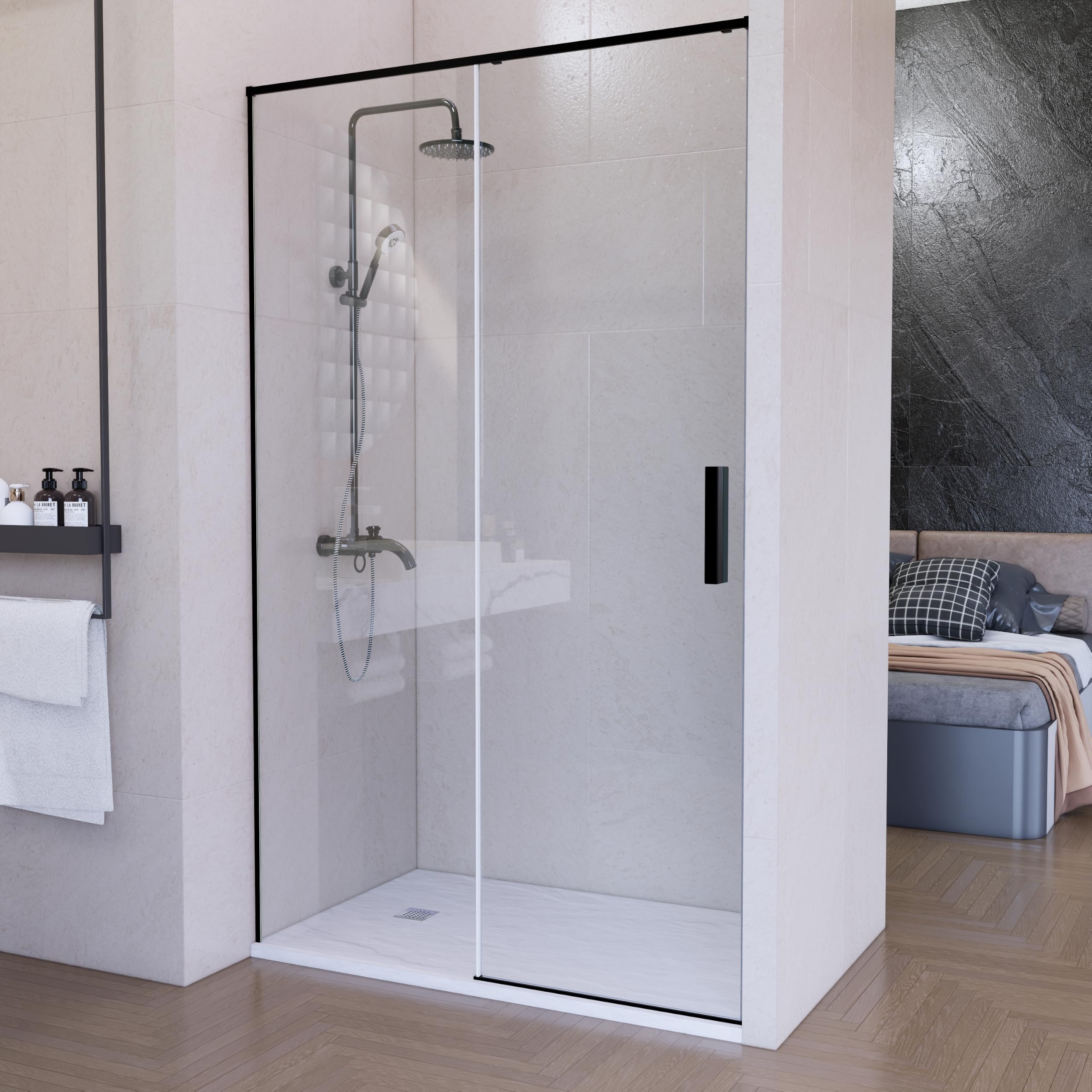 Mampara Ducha Frontal Corredera Lux Fijo+Puerta-Ancho 155cm-Acabado Negro Mate-200cm Alto-Cristal templado 6mm antical-Cierre Reversible con Freno