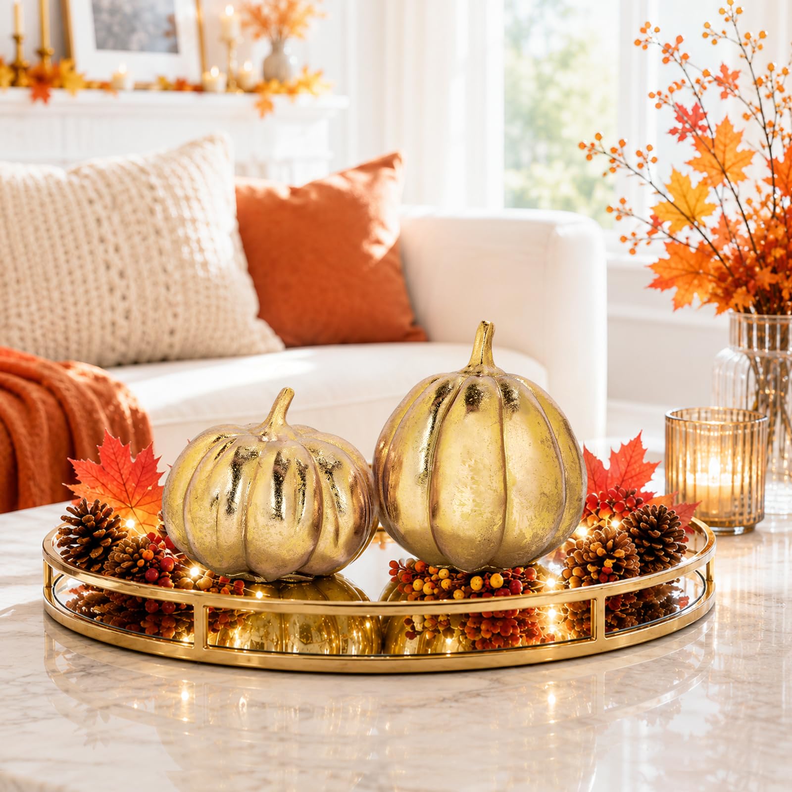 Set di 2 decorazioni autunnali in resina a forma di zucca dorata | Farmhouse Thanksgiving Centrotavola oro metallizzato raccolto zucche per interni ed esterni giardino a più livelli mensola