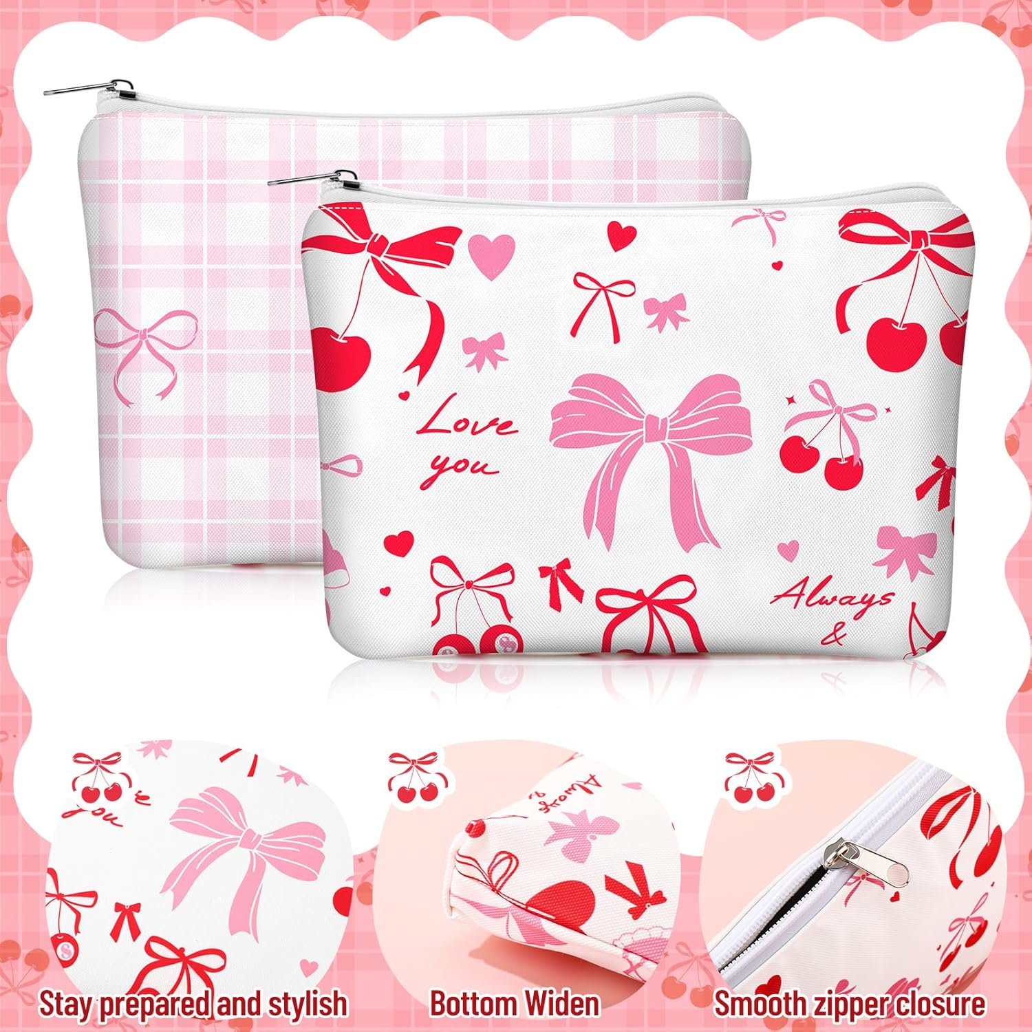 Kacctyen 18 Pcs Mothers Day Gifts Pink Cherry Bow Coquette Makeup Bag Cute Bow Canvas Cosmetic Bag for Women Girl with Zipper Aesthetic Travel Pouch Birthday Party Favor